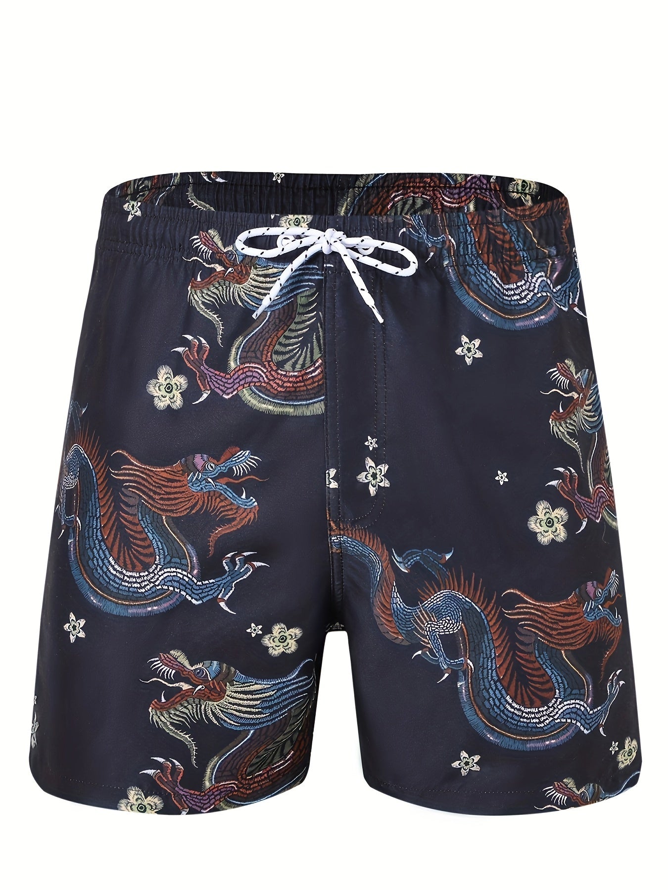 Men's Quick Dry Hawaiian Board Shorts With Pockets, Casual Coconut Tree Graphic Drawstring Swim Trunks For Summer Vacation Beach Pool Outdoor