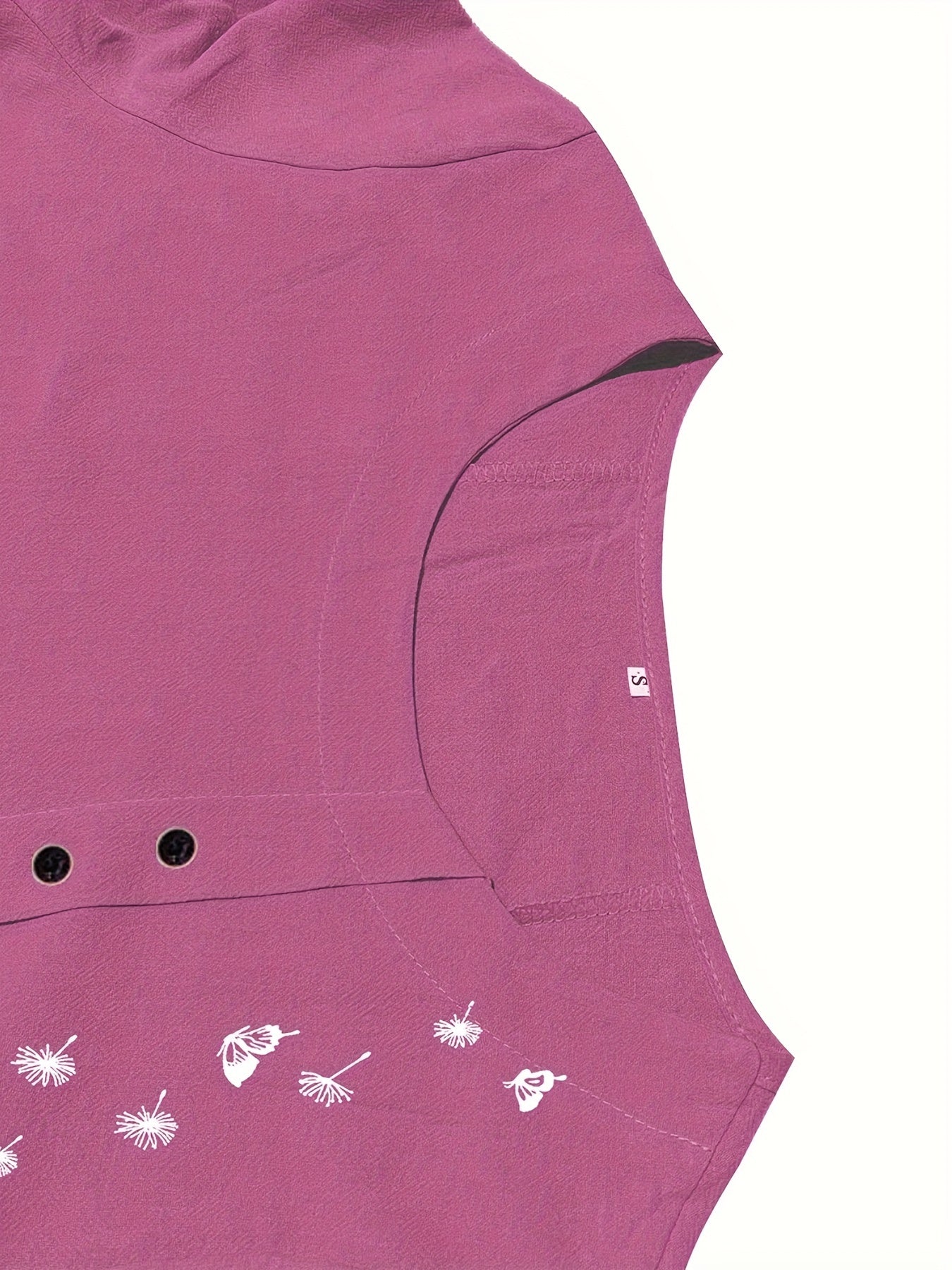Dandelion Print Button Decor T-Shirt, Casual Crew Neck Short Sleeve T-Shirt For Spring & Summer, Women's Clothing