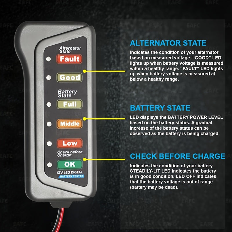 12V Car Motorcycle Battery Tester, Digital Alternator Tester 6 LED Lights Display Car Diagnostic Tool, Auto Battery Tester Auto Repair