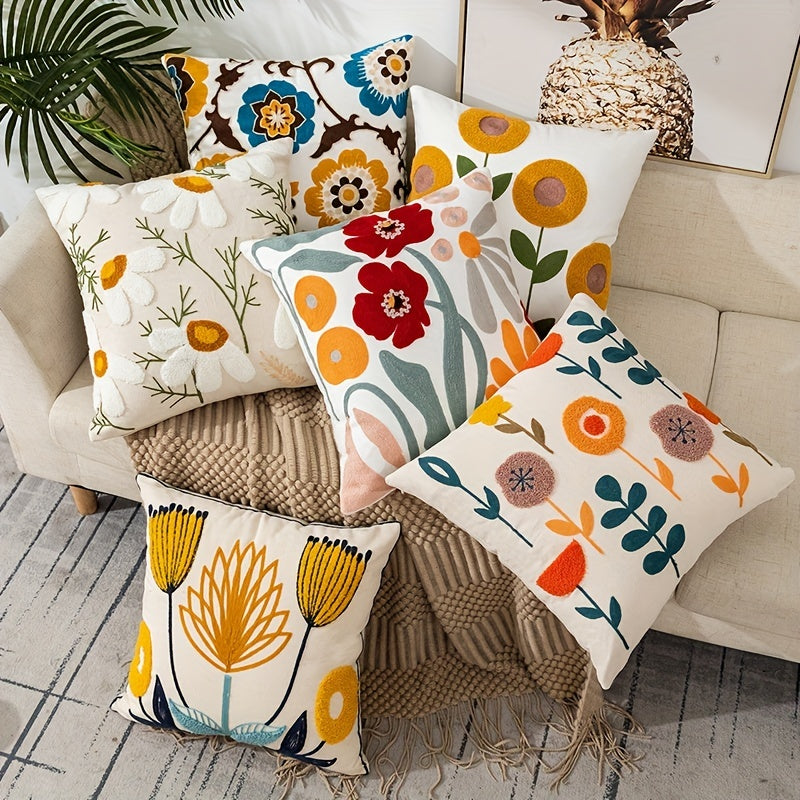 1pc Boho Floral Embroidered Pillow Case - Soft and Stylish Living Room Decor for Couch, Bed, and Sofa - 17.7 x 17.7 Inches