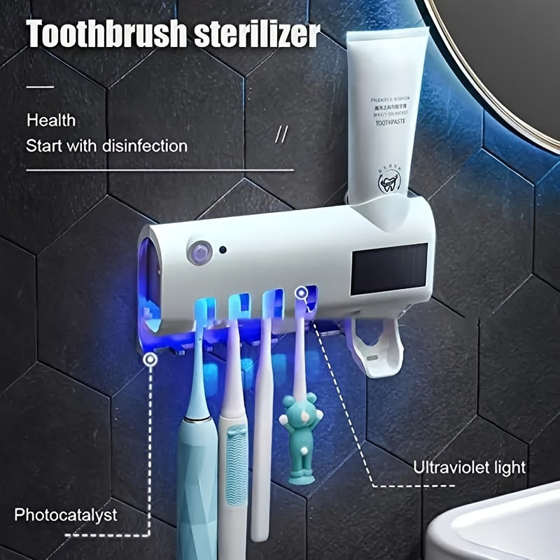 Wireless UV Toothbrush Holder with Automatic Toothpaste Dispenser – Wall-Mounted, USB Rechargeable, No-Drill Installation, Personal Care Kit