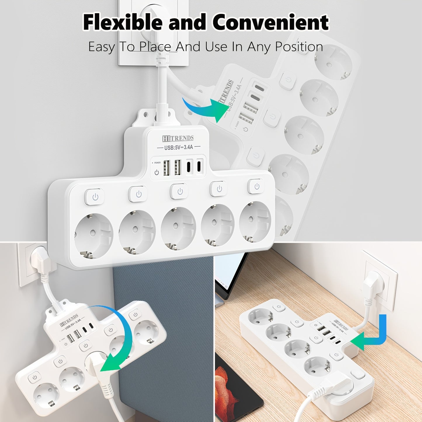 A 9-In-1 Power Strip with USB, Featuring 5 EU Sockets with Individual And Master Switches, 2 USB-A And 2 USB-C Ports, Flexible Cable Sockets, Wall-Mounted Design, Suitable for Home, Kitchen, Office, And Travel.