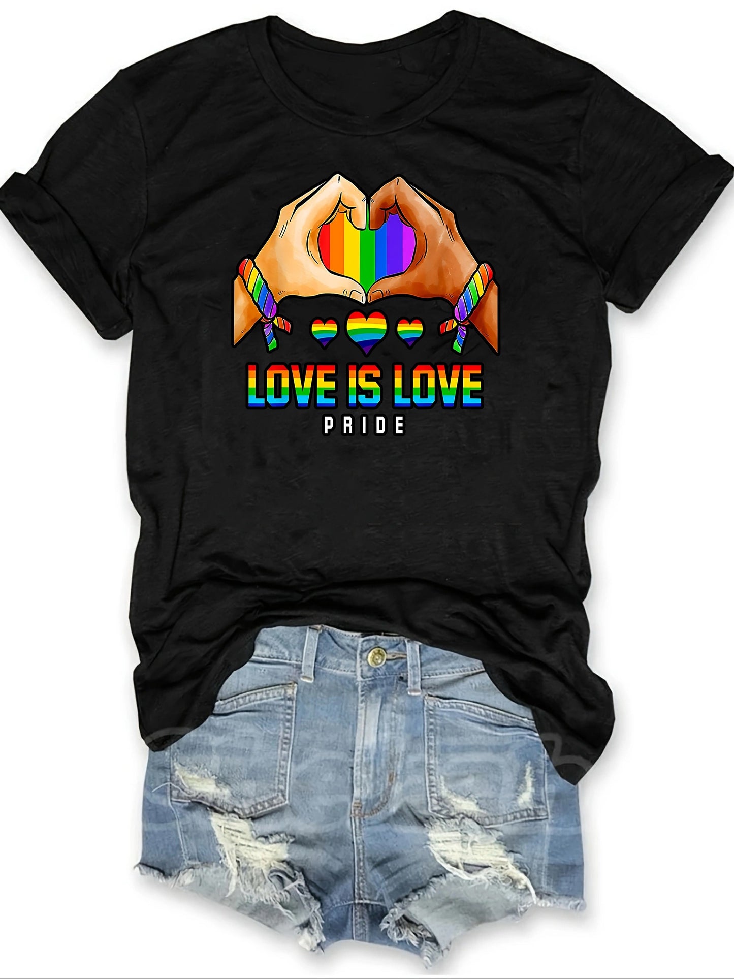 Rainbow Heart & Letter Print T-shirt, Versatile Short Sleeve Crew Neck Top, Women's Clothing