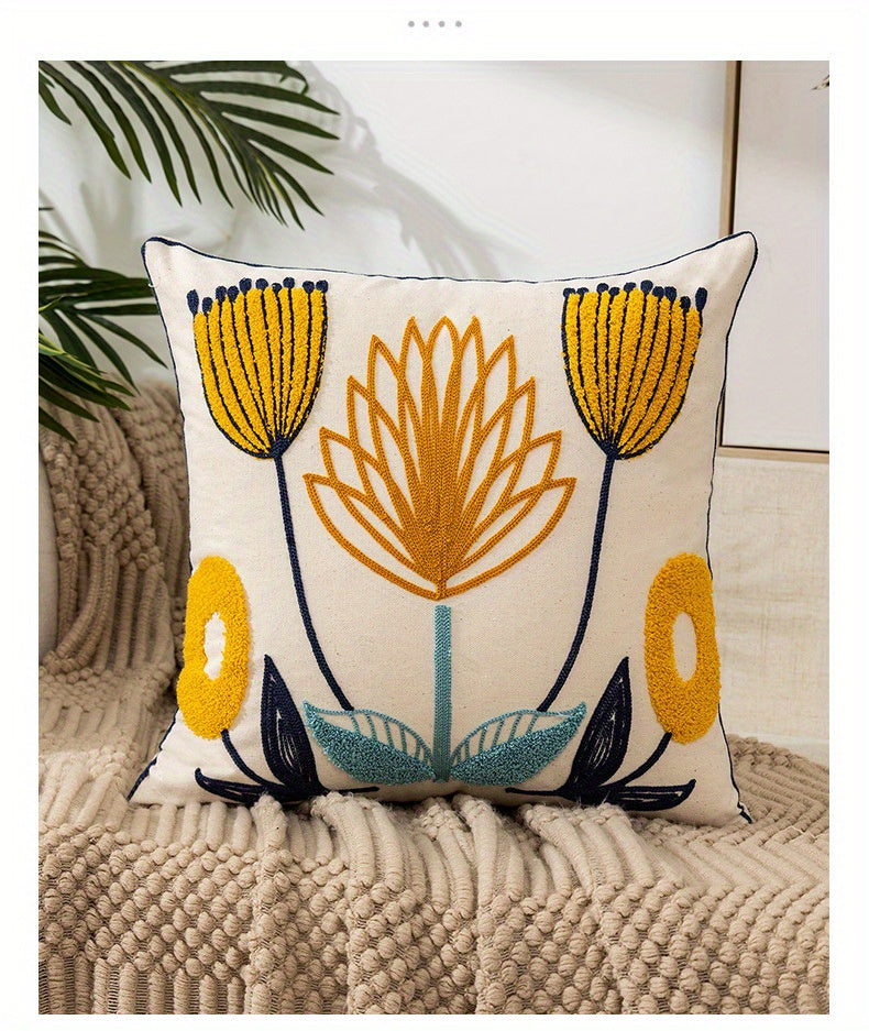1pc Boho Floral Embroidered Pillow Case - Soft and Stylish Living Room Decor for Couch, Bed, and Sofa - 17.7 x 17.7 Inches