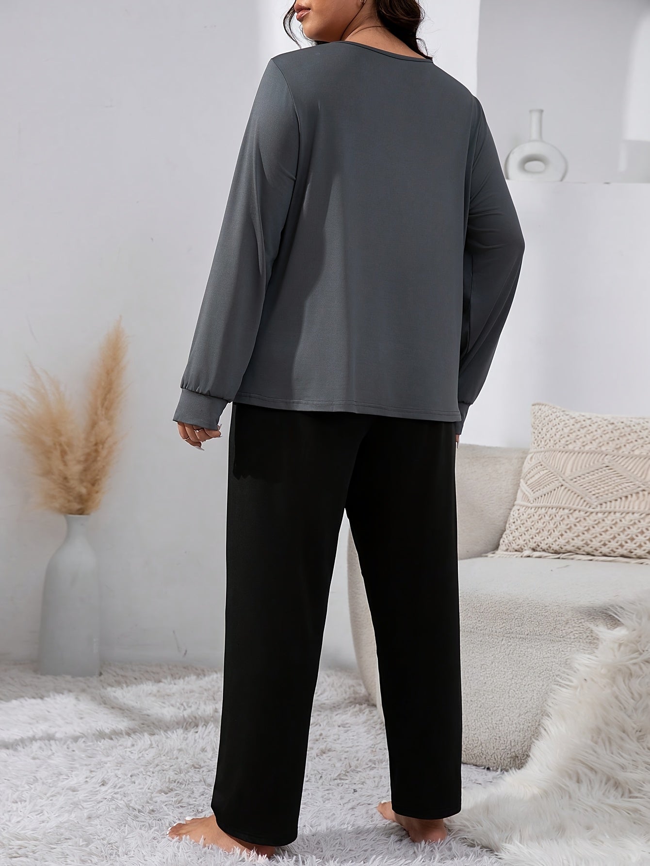 Women'S Plus Size Los Angeles 91 Graphic Pajama Set - Gray & Black Long Sleeve Crew Neck Top with Matching Pants, Stretchy & Comfy Loungewear, Pajama Sets for Adults