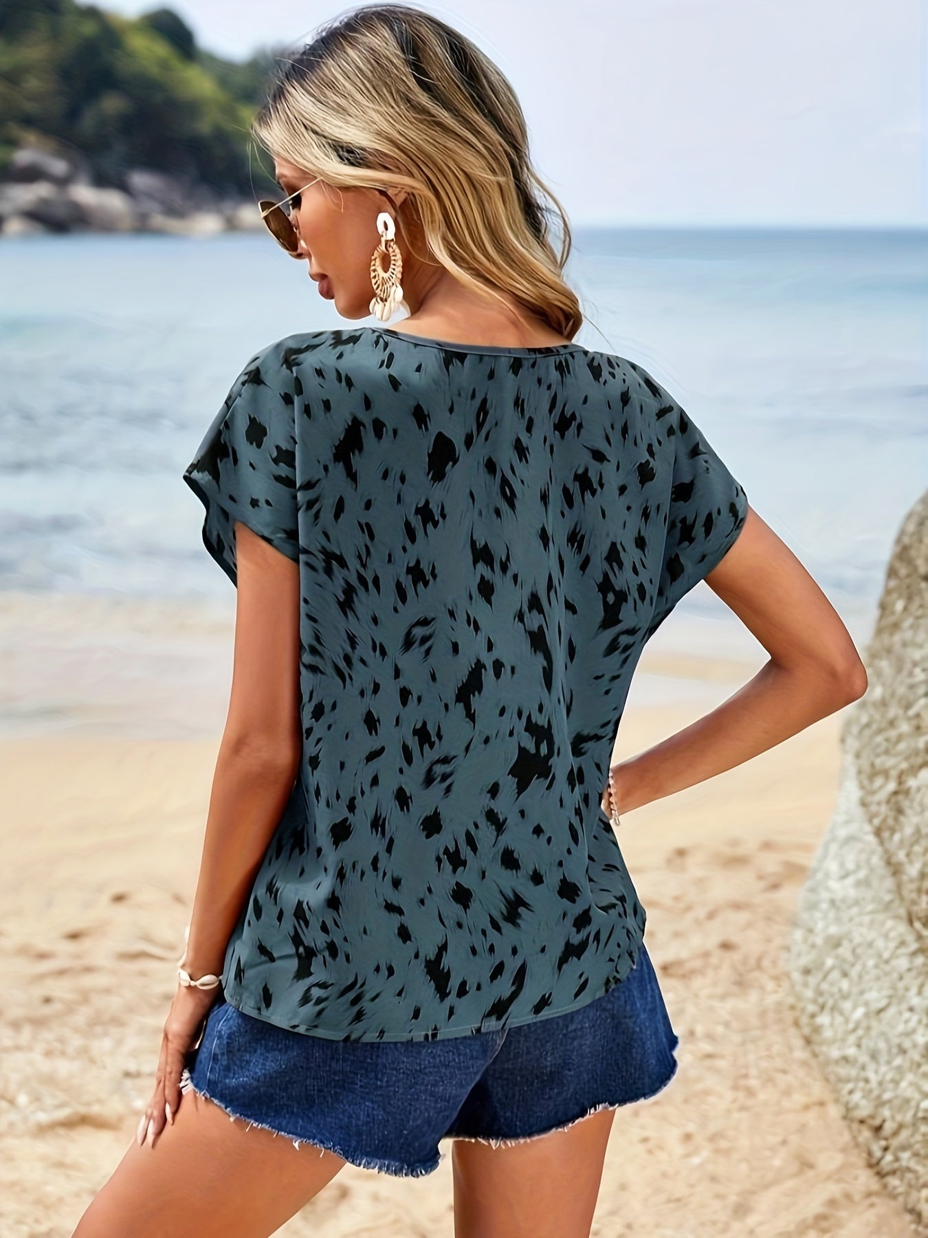 Allover Print Blouse, Casual Short Sleeve Blouse For Spring & Summer, Women's Clothing