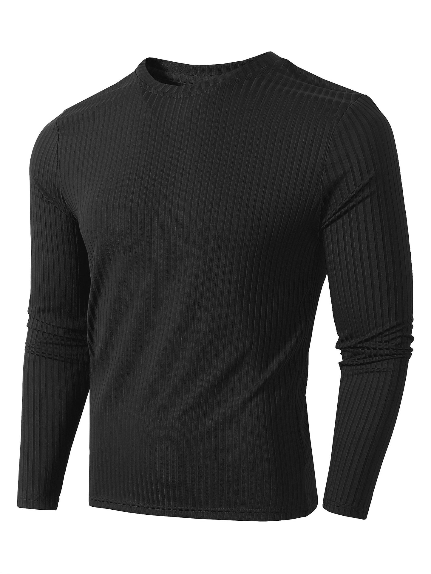 Ribbed Men's Casual Stretch Breathable Lightweight Long Sleeve Round Neck T-shirt For Spring Fall, Running Training