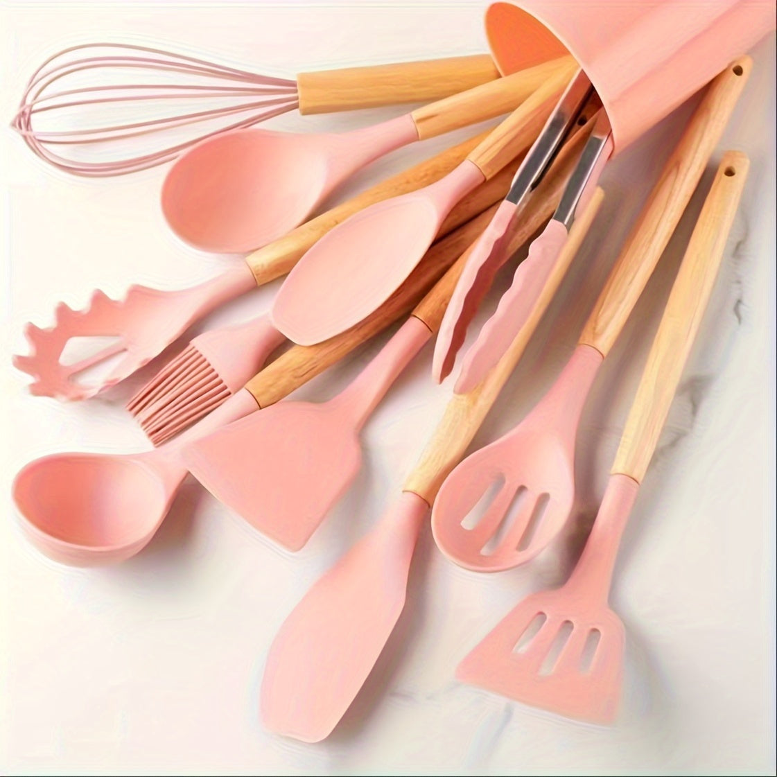 12pcs, Silicone Utensil Set, Khaki Kitchen Utensil Set With Wooden Handle, Safety Cooking Utensils Set, Non-Stick Kitchen Tools Set, Washable Modern Cookware, Kitchen Stuff, Kitchen Gadgets Kitchen Accessories