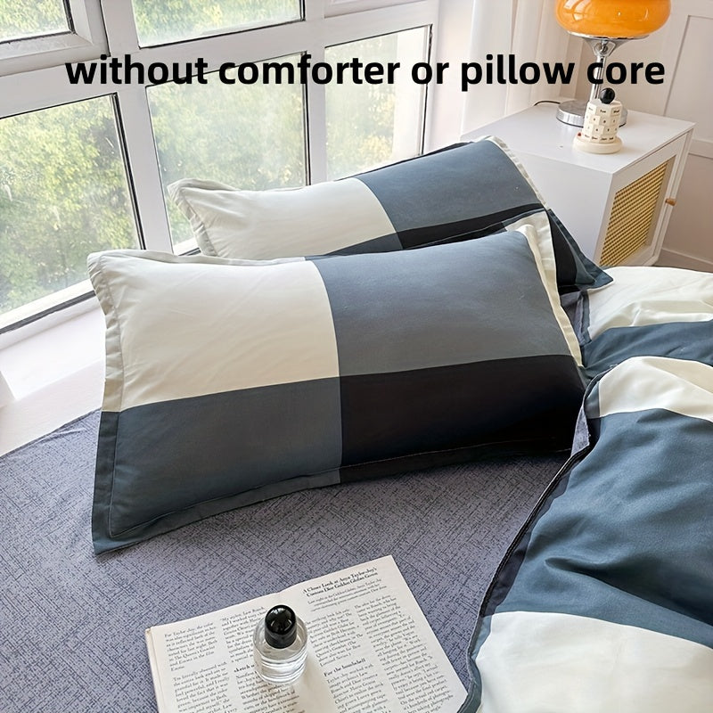 Soft and breathable 4pcs bedding set - Creative space plaid pattern, machine washable - includes sheet, duet and 2 pillowcases for all seasons - ideal for student dormitories, bedrooms and guest rooms