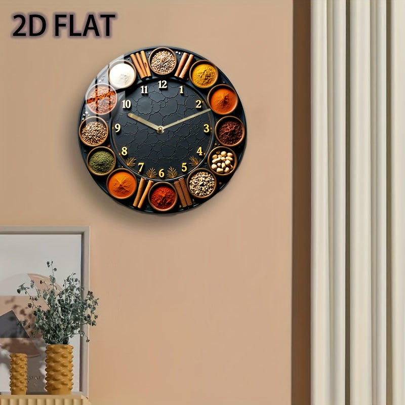 1pc 8-Inch Silent Round Wall Clock with Spice & Herb Design - Acrylic Quartz Movement, Golden Accents, Battery-Powered (AA Not Included) - Kitchen, Bedroom, Living Room, Kitchen Clock, Home Decoration, Decorative Timepiece, H