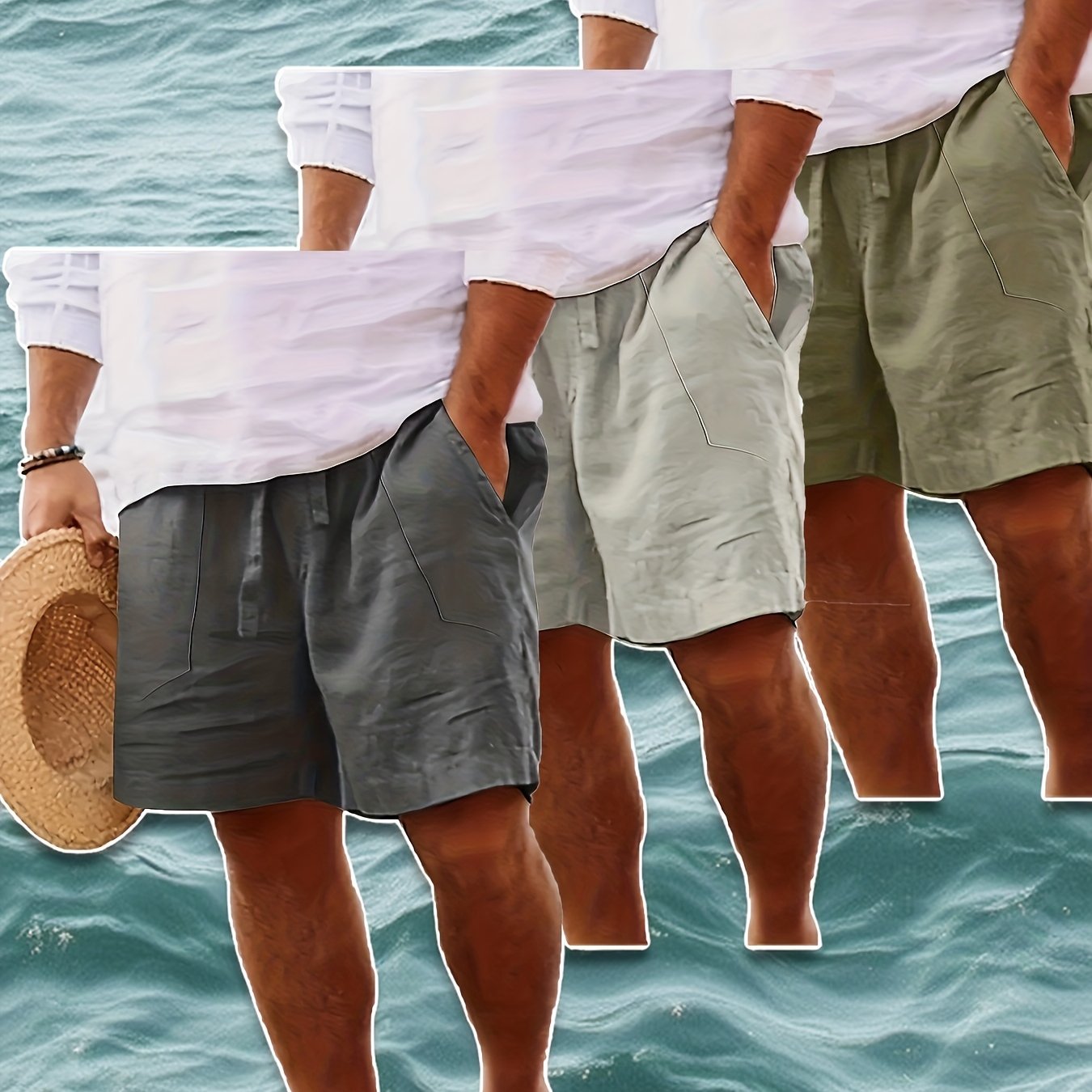 Men's Summer Shorts, Drawstring Elastic Waist, Straight Leg Solid Color Breathable Casual Beach Capri Pants - Three-Pack