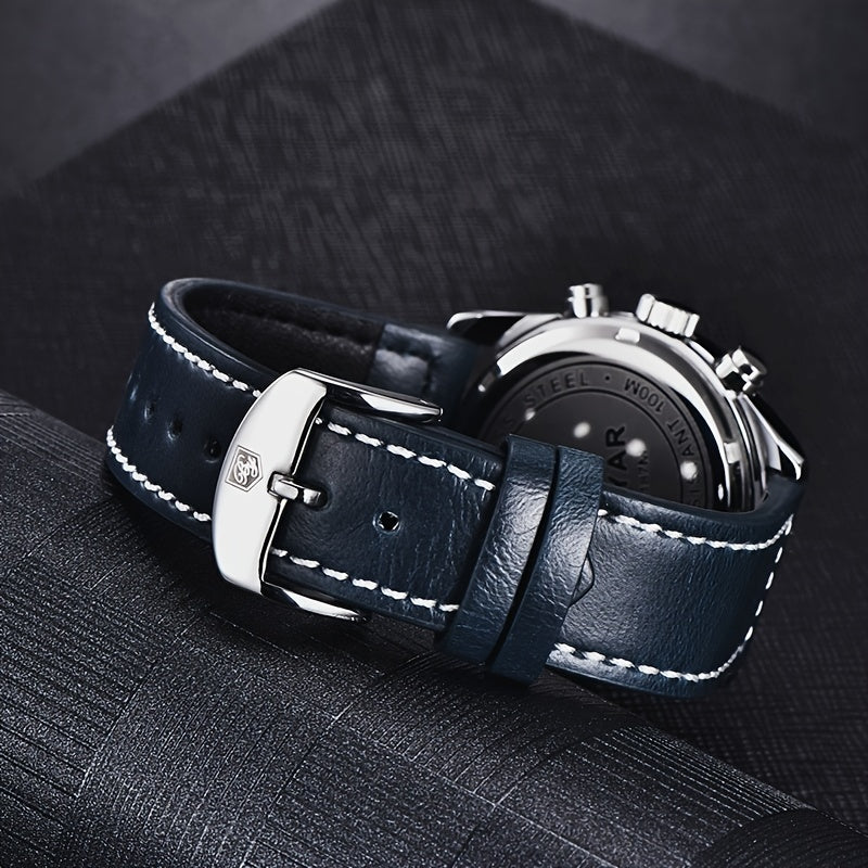 1pc New BENYAR Men's PU Leather Quartz Wristwatch, Men's 100M Multifunctional Watch Military Sports Chronograph Watch For Men