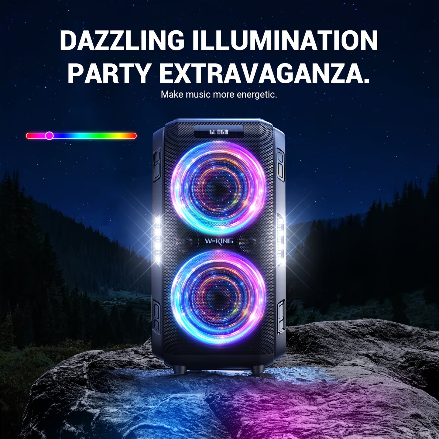 Powerful W-KING 200W peak wireless speaker with massive 120dB soundstage and DSP chip, 12-level bass adjustment, Big Party Boombox portable speaker with super deep bass, dynamic light show, 6.35mm microphone input, TF card sl