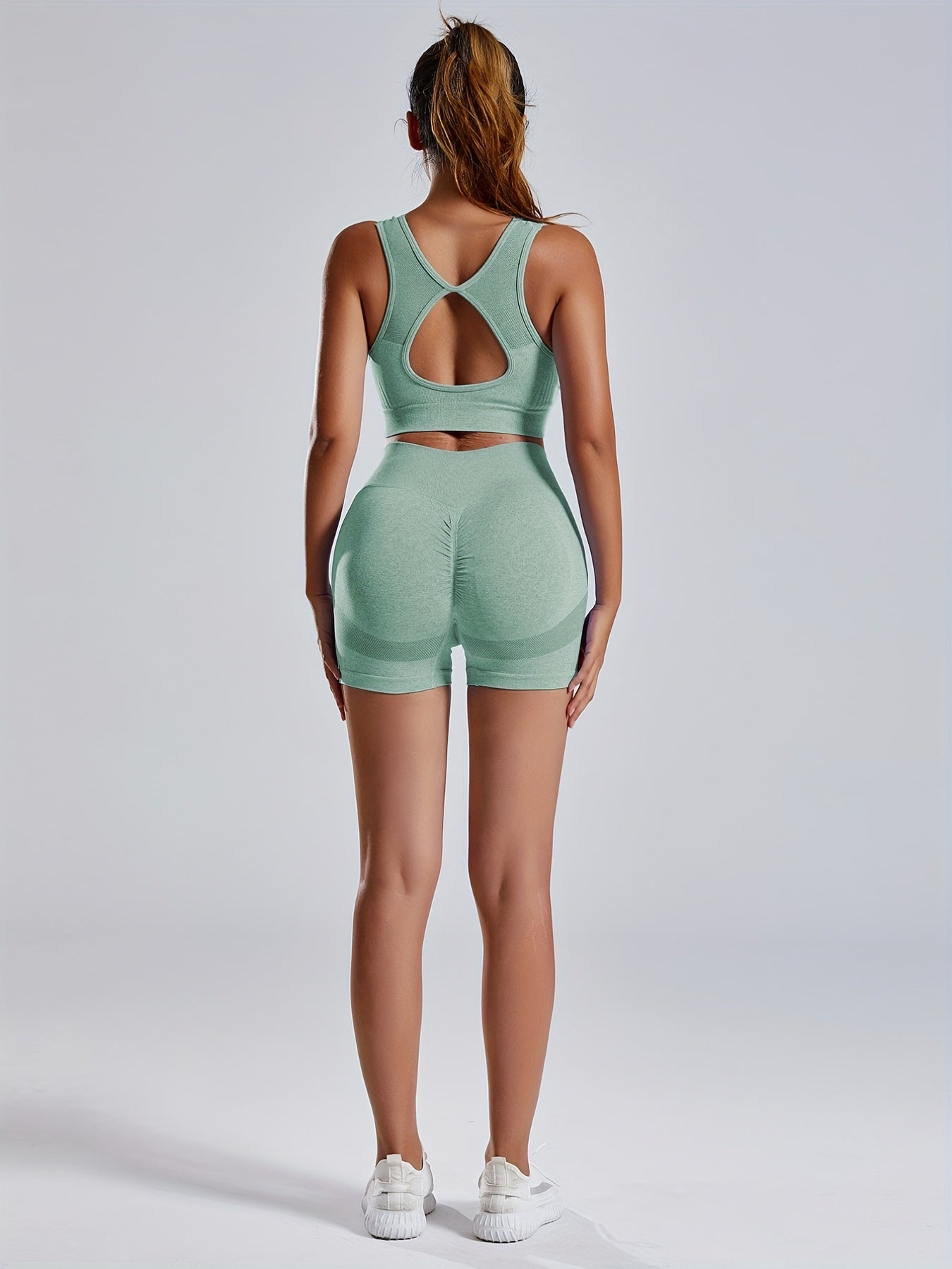 Women'S Seamless Sports Yoga Set, Summer New High Stretch Knit Fabric, Solid Color Polyamide 90% Elastane 10%, Short Length Fitness Gym Wear with Backless Bra and Butt Lifting Yoga Pants