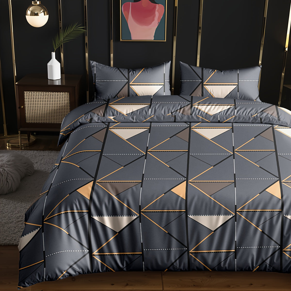 3pcs Set, Golden Striped Triangle Print Duvet Cover Bedding Kit, Soft and Comfortable Breathable, Suitable for Bedroom Guest Room School Dorm Decor 1 * Duvet Cover + 2 *, Pillowcases, Duvet Cover Set