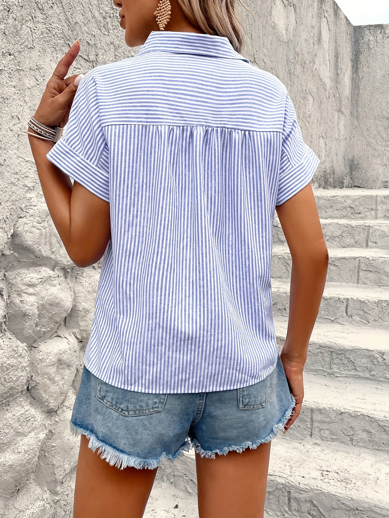 Chic Blue Striped Short Sleeve Blouse with Classic Collar - Elegant Button-Up, Lightweight Polyester Blend, Machine Washable - Ideal for Spring/Summer Fashion, Everyday Stylish Shirt|Buttonup Shirt|Glossy Texture Finish