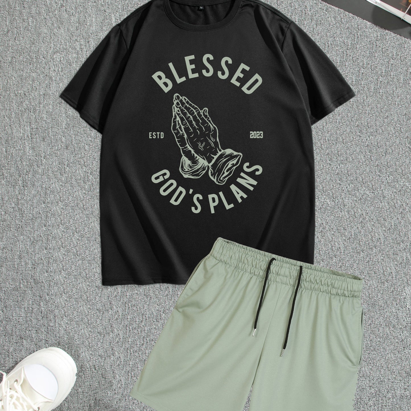 Men's Street Style Summer 2PCS Outfits, Male's Trend TRUST Graphic Short-sleeve Crew Neck T-shirt Drawstring Shorts Set, Casual Clothes For Men