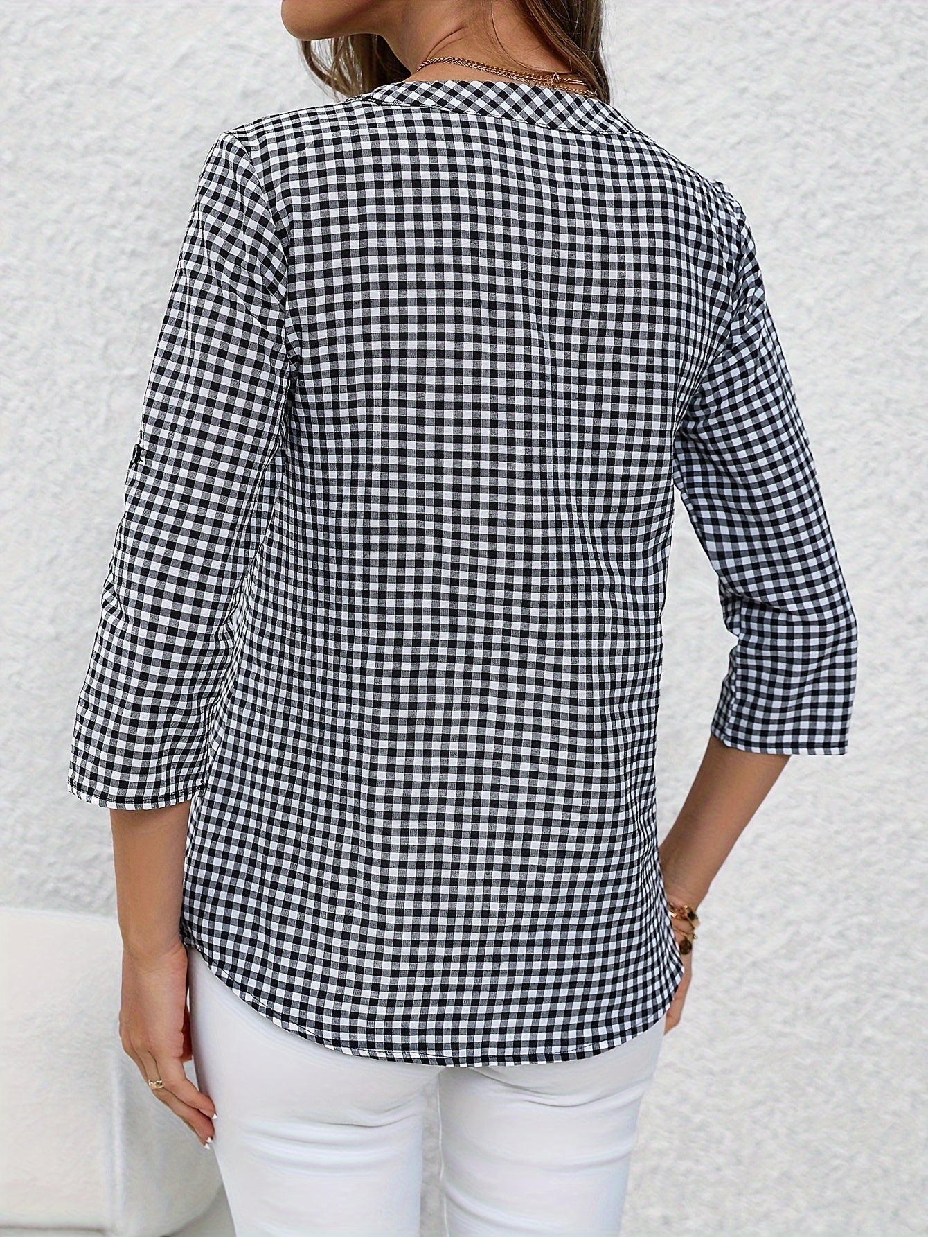 Plaid Print Button Notched Neck Blouse, Casual Rolled Sleeve Blouse For Spring, Women's Clothing