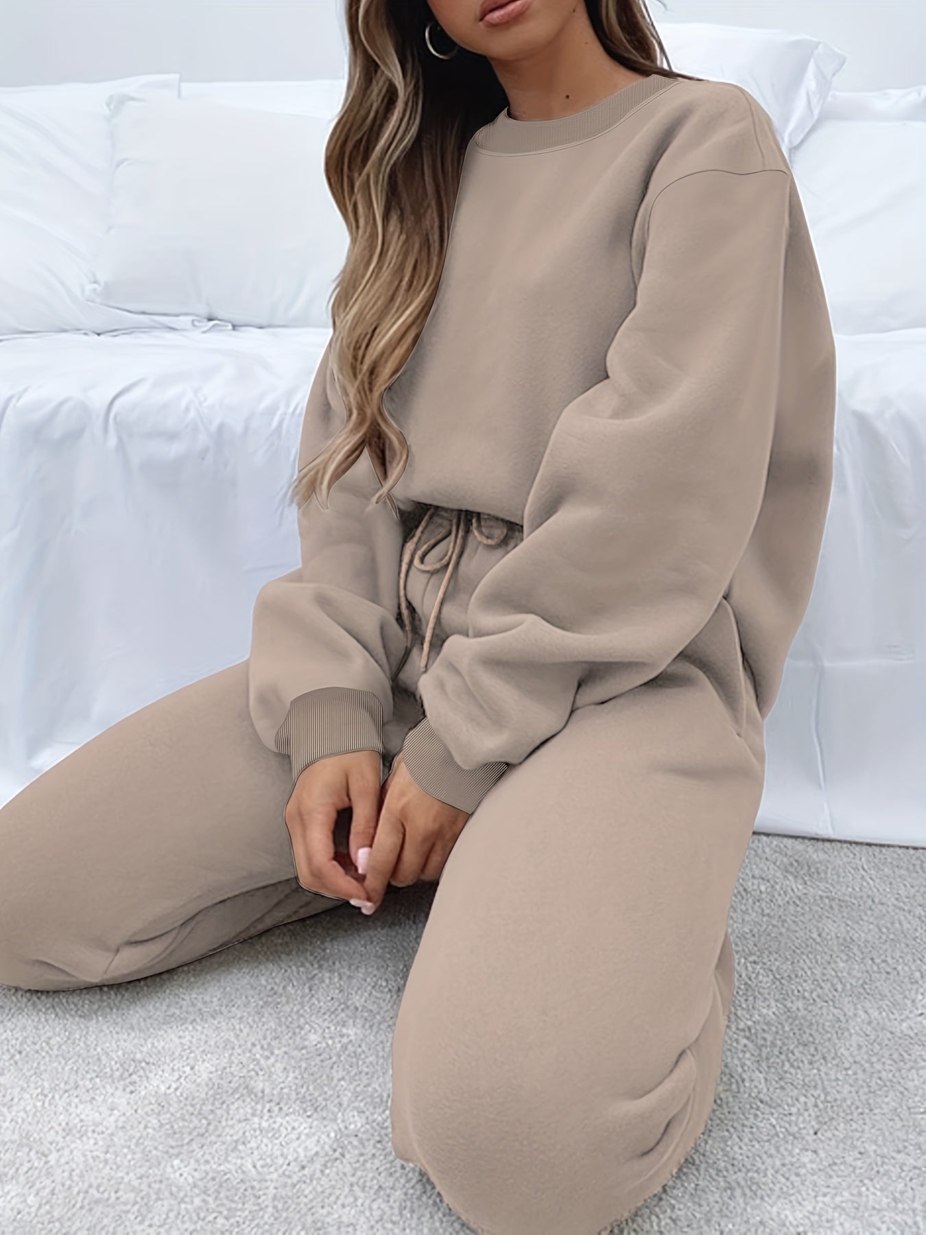 Solid Casual Two-piece Set, Crew Neck Long Sleeve Tops & Drawstring Jogger Pants Oufits, Women's Clothing