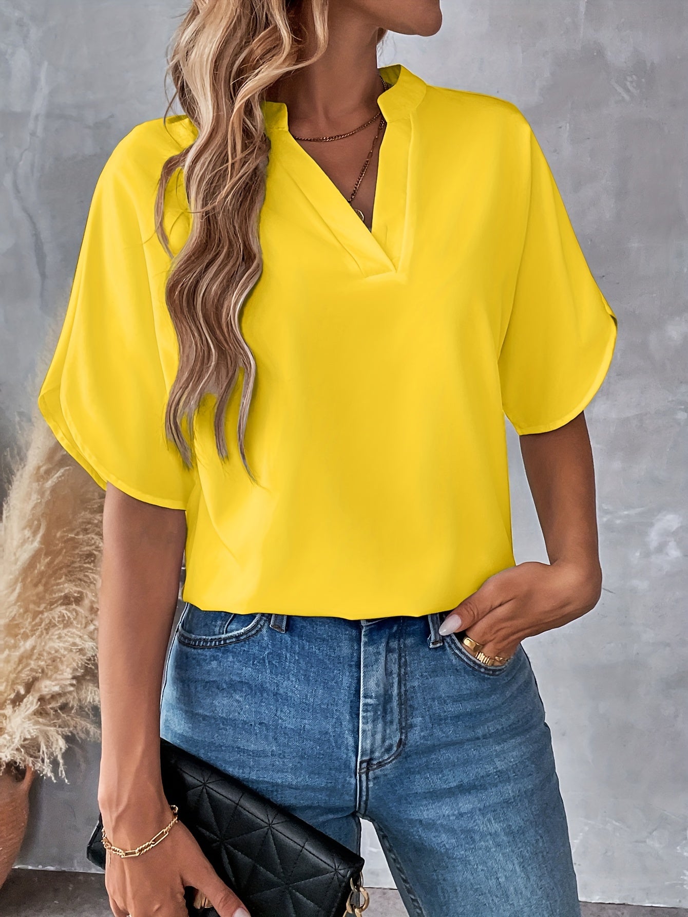 Solid Color Notch Neck Blouse, Casual Short Split Sleeve Blouse For Spring & Summer, Women's Clothing