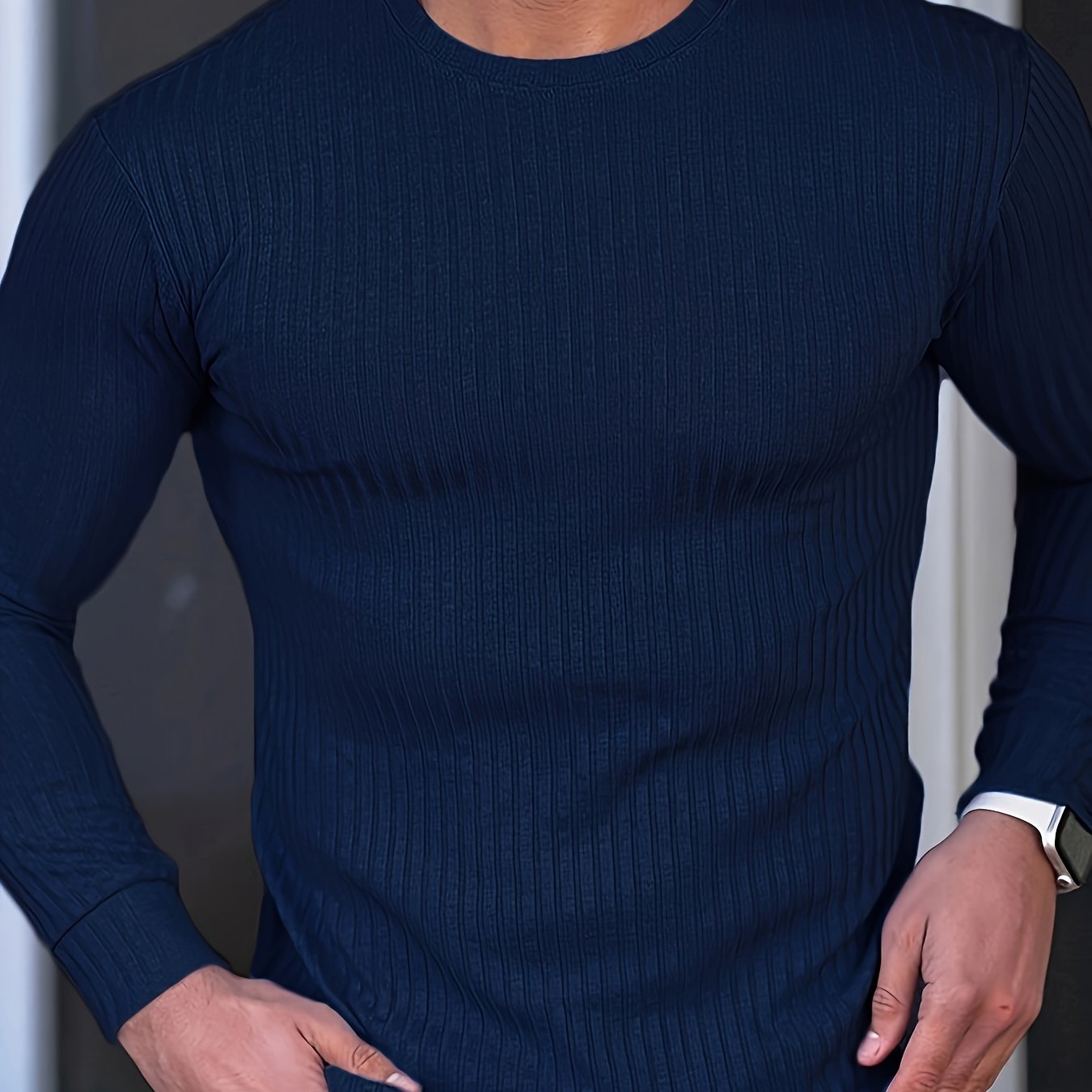 Ribbed Men's Casual Stretch Breathable Lightweight Long Sleeve Round Neck T-shirt For Spring Fall, Running Training