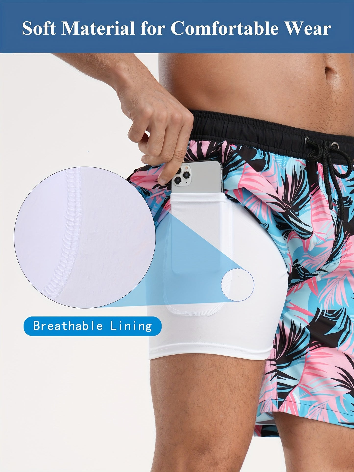 Men's Quick-Dry Beach Shorts with Tropical Palm Tree & Palm Leaf Print - Breathable Stretch Fabric for Summer, Outdoor, Hiking, Swimming - Machine Washable Casual Athletic Shorts, Outdoor Activewear, Summer Shorts