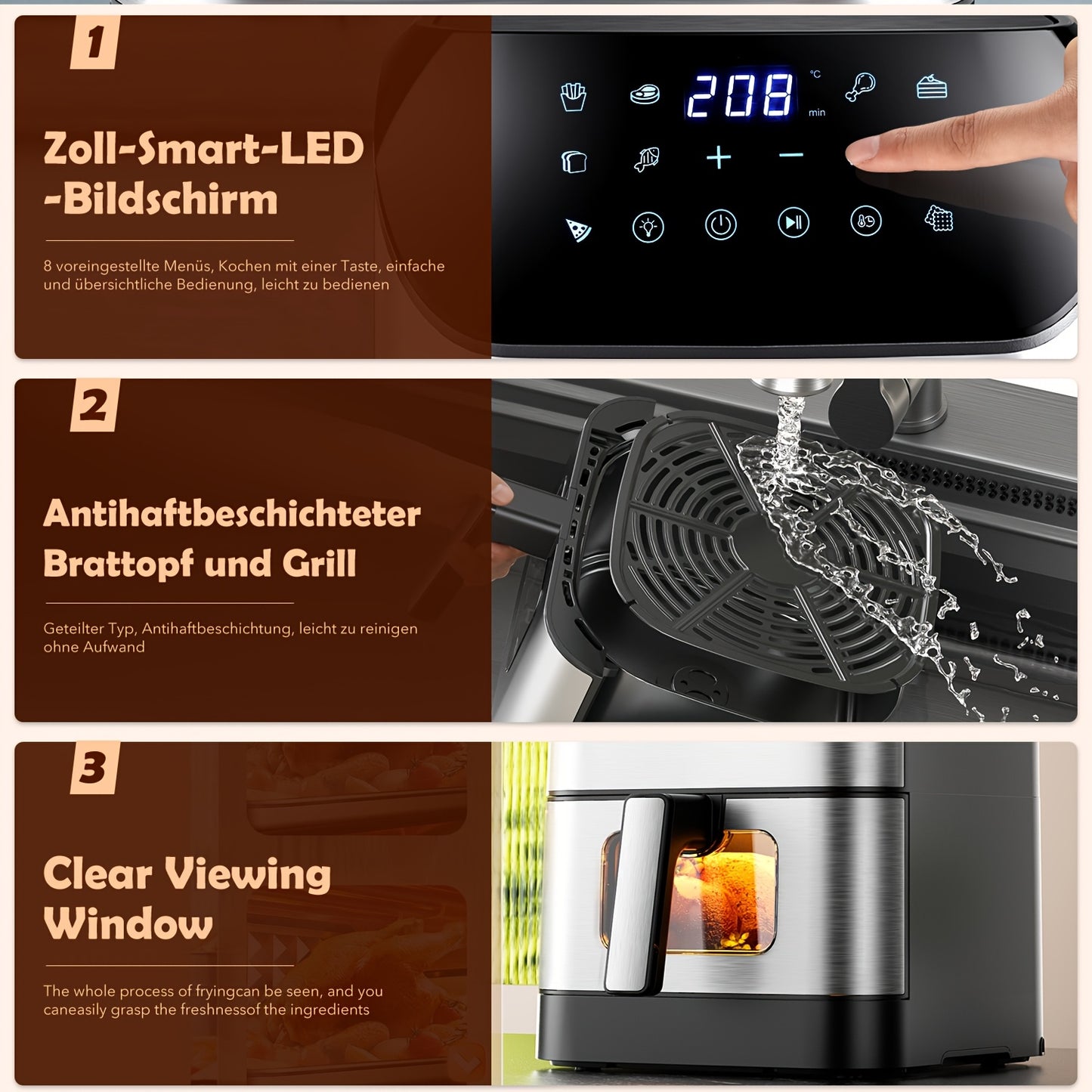 XXL 8L Air Fryer With Viewing Window, Oil-Free Fryer, Adjustable Temperature 80°C-200°C, 10 Presets In One Touch, Digital Control, Non-Stick Basket, Air Fryer Ninja Style