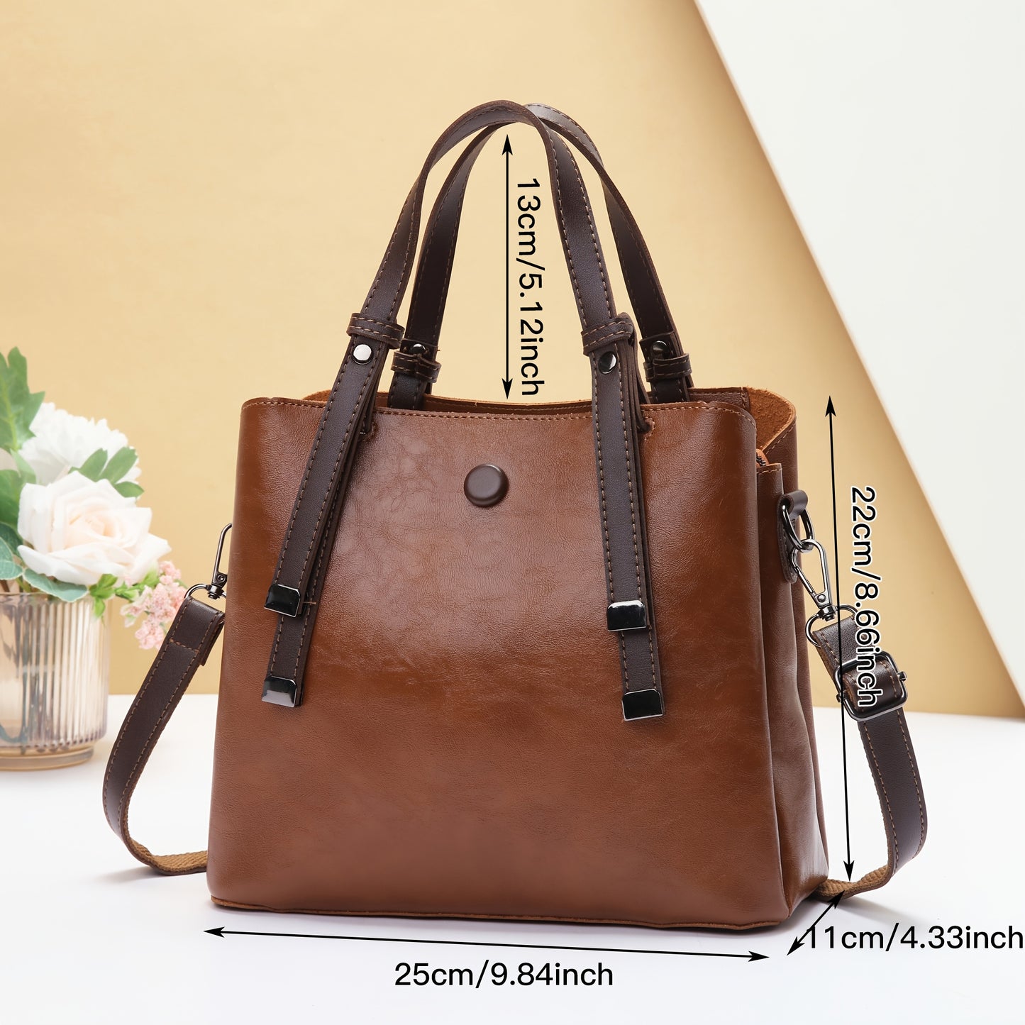 Women's Vintage Handbag with Detachable Crossbody Strap - Large Capacity Tote & Shoulder Bag, Golden-Tone Hardware, Zipper Closure, Lining, Golden-Tone Hardware - Elegant Brown/Beige/Coffee/Red/Black, Versatile for Work, Trav