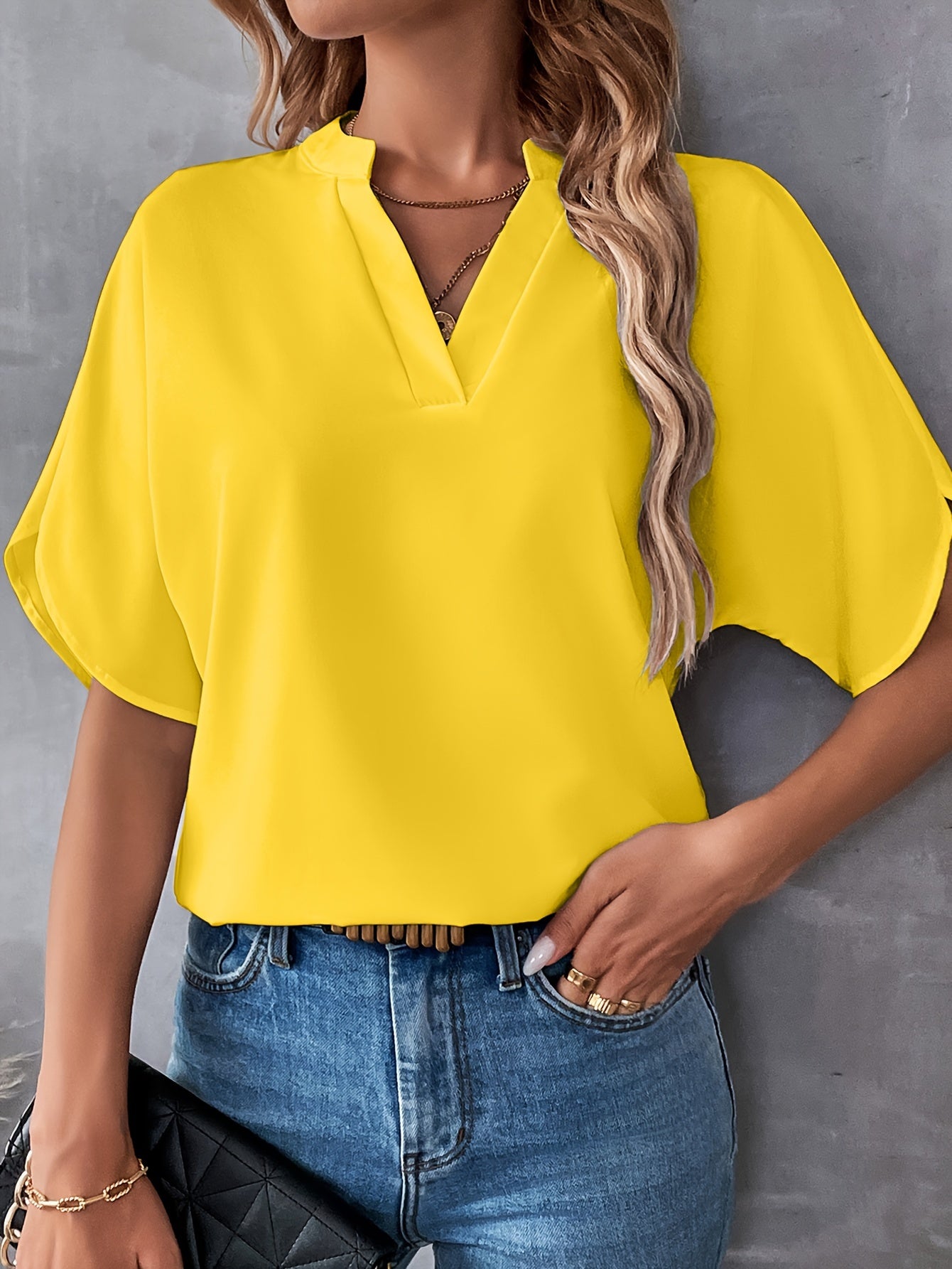 Solid Color Notch Neck Blouse, Casual Short Split Sleeve Blouse For Spring & Summer, Women's Clothing