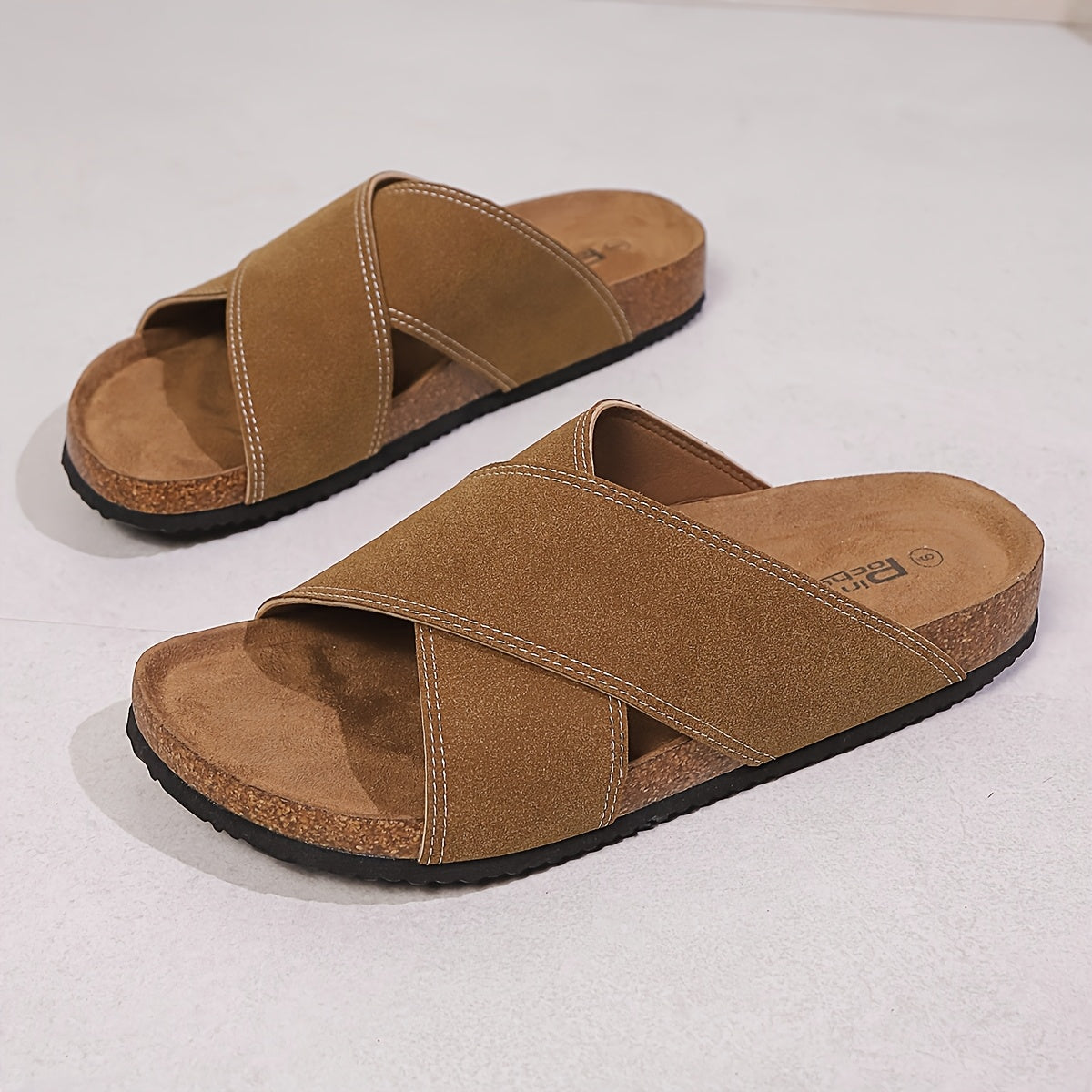 PINPOCHYAW Men's Slip-On Moccasin - X- Strap Brown/Black Casual Slippers with Faux Upper, Sole & Cushioned Insole - Lightweight Beige & Dark Brown for Beach, Pool, Summer Walking