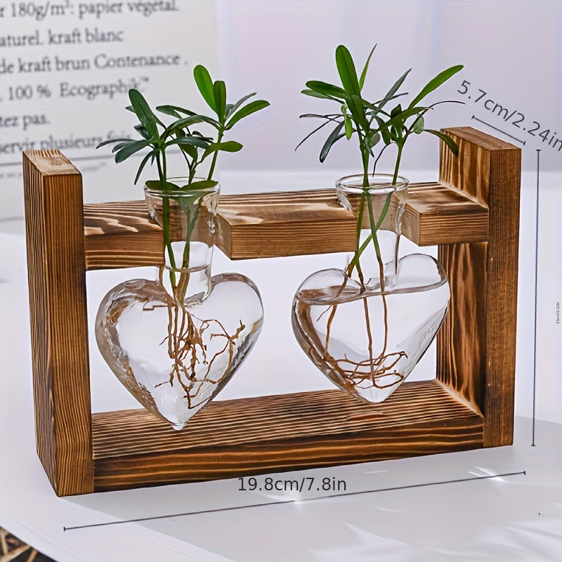 1 Pack, Hydroponic Plant Terrarium Love Heart Vase With Wooden Stand, Indoor Hydroponic Plant Propagation Station For Home Office Garden Decoration, Gift For Flower Pot Lovers