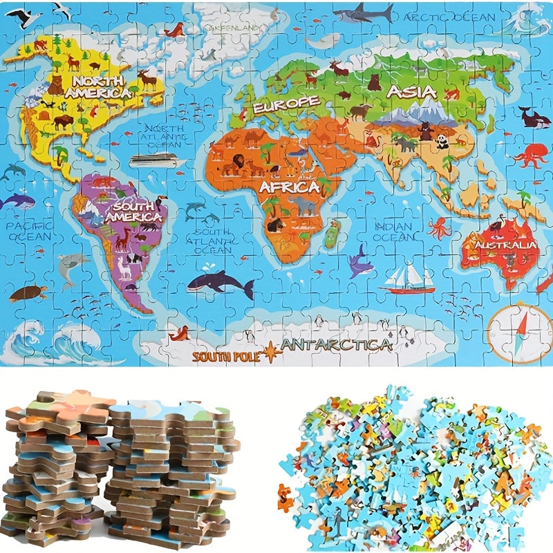 200pcs World Map Puzzle for Kids - Educational Science & Technology Toy, Fun Animal-Themed Cartoon Wooden Jigsaw Puzzle for Boys and Girls, Enhances Cognitive Skills, Ideal for Ages 3-12, Portable Design, Intermediate Skill L