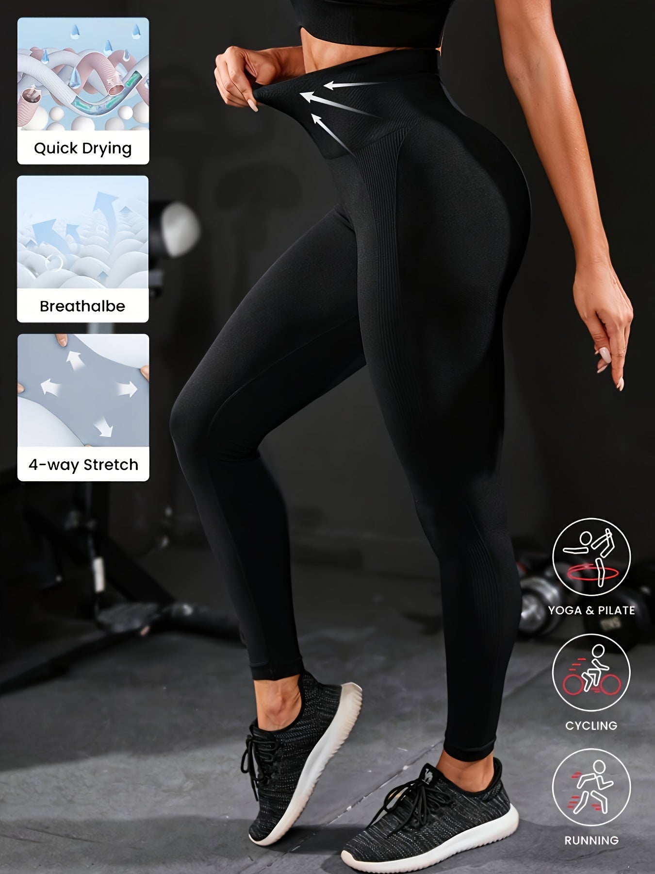 2pcs Women's High-Waisted Yoga Leggings Tummy Control Butt-Lifting Workout Pants - Solid Black & Dark Grey Full-Length Gym Pants with Vertical Striped Waistband-Like Texture, Opaque Non-Sheer Machine Washable All-Season Athle