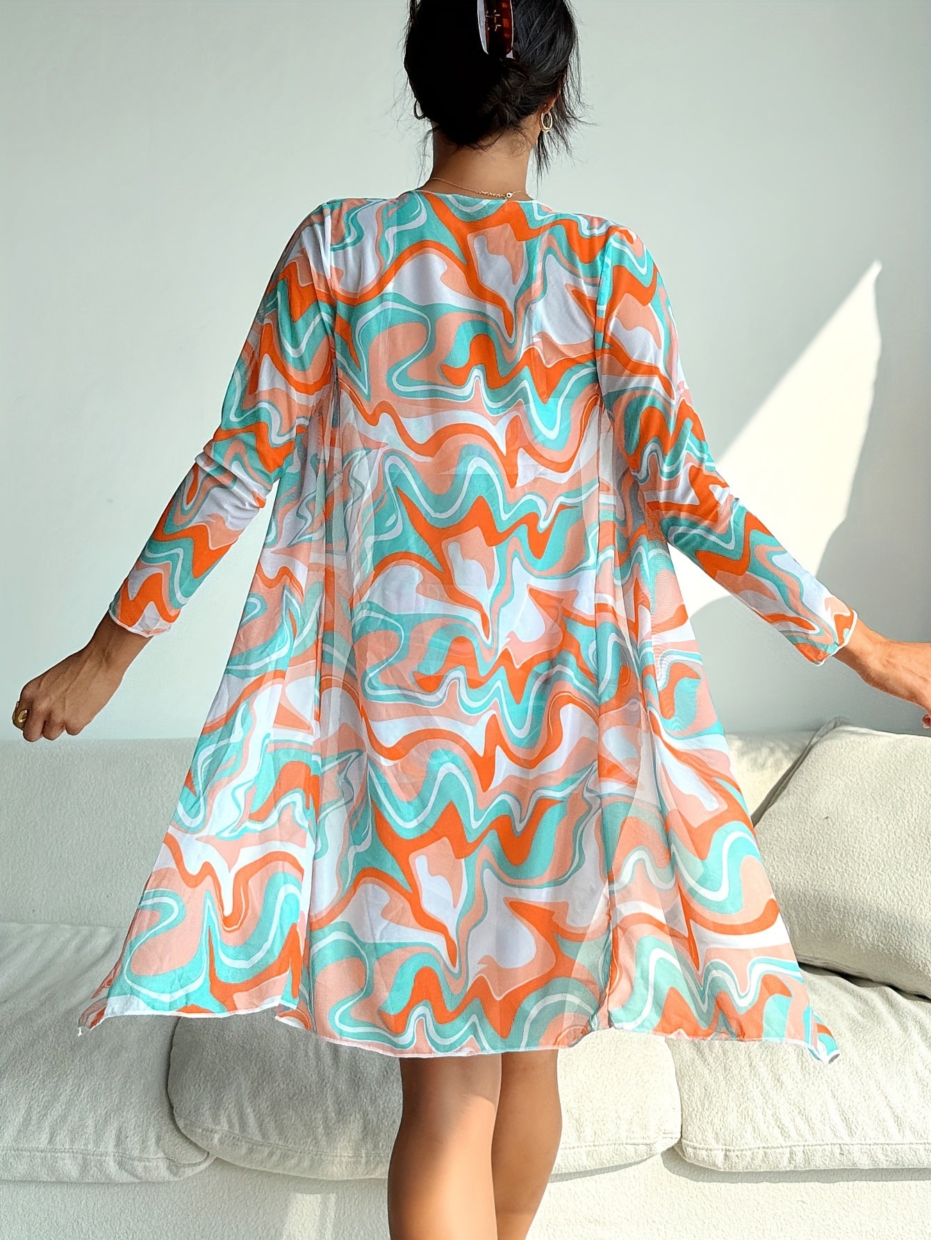 3-piece Geometrical Print Drawstring Bikini Sets, Boxer Short High Rise Bathing Suit, With Long Sleeve Sheer Cover Up Kimono Shirt, Women's Denim & Clothing