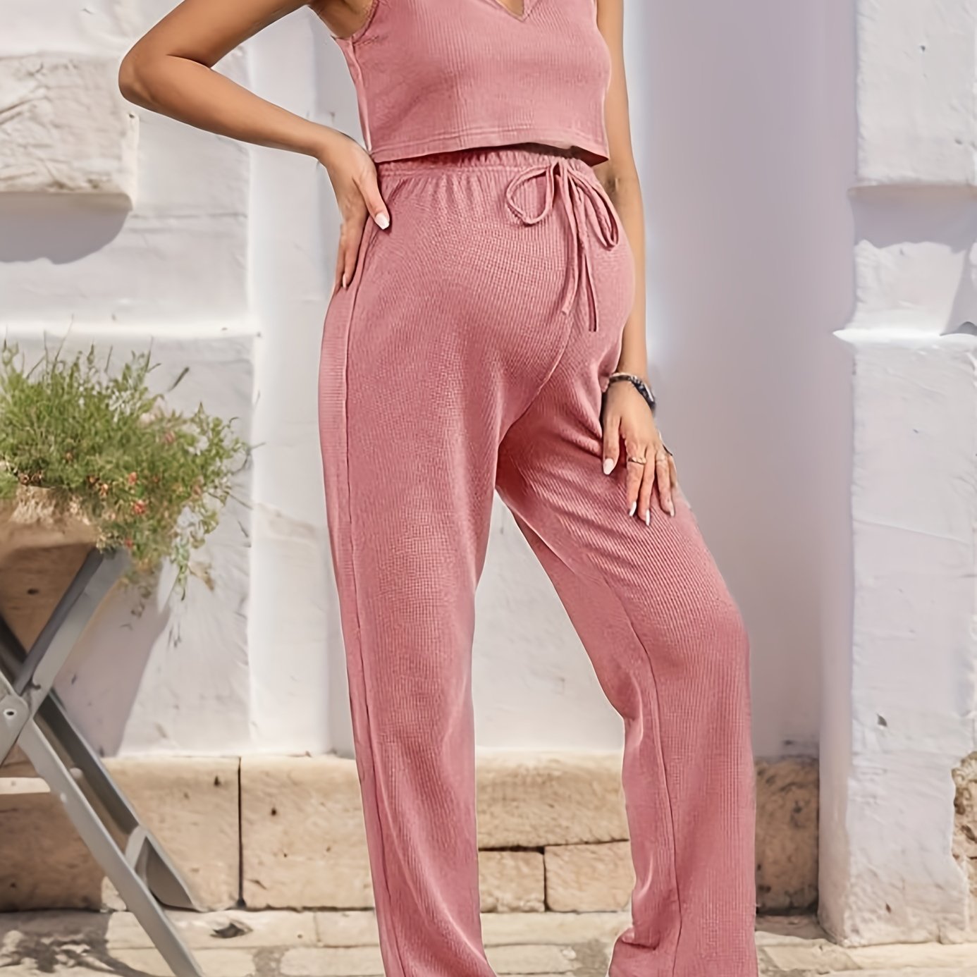 2pcs Pregnant Women's Casual Set, Comfy Sleeveless Shirt & High Waist Tummy Support Drawstring Maternity Pants For Outdoor