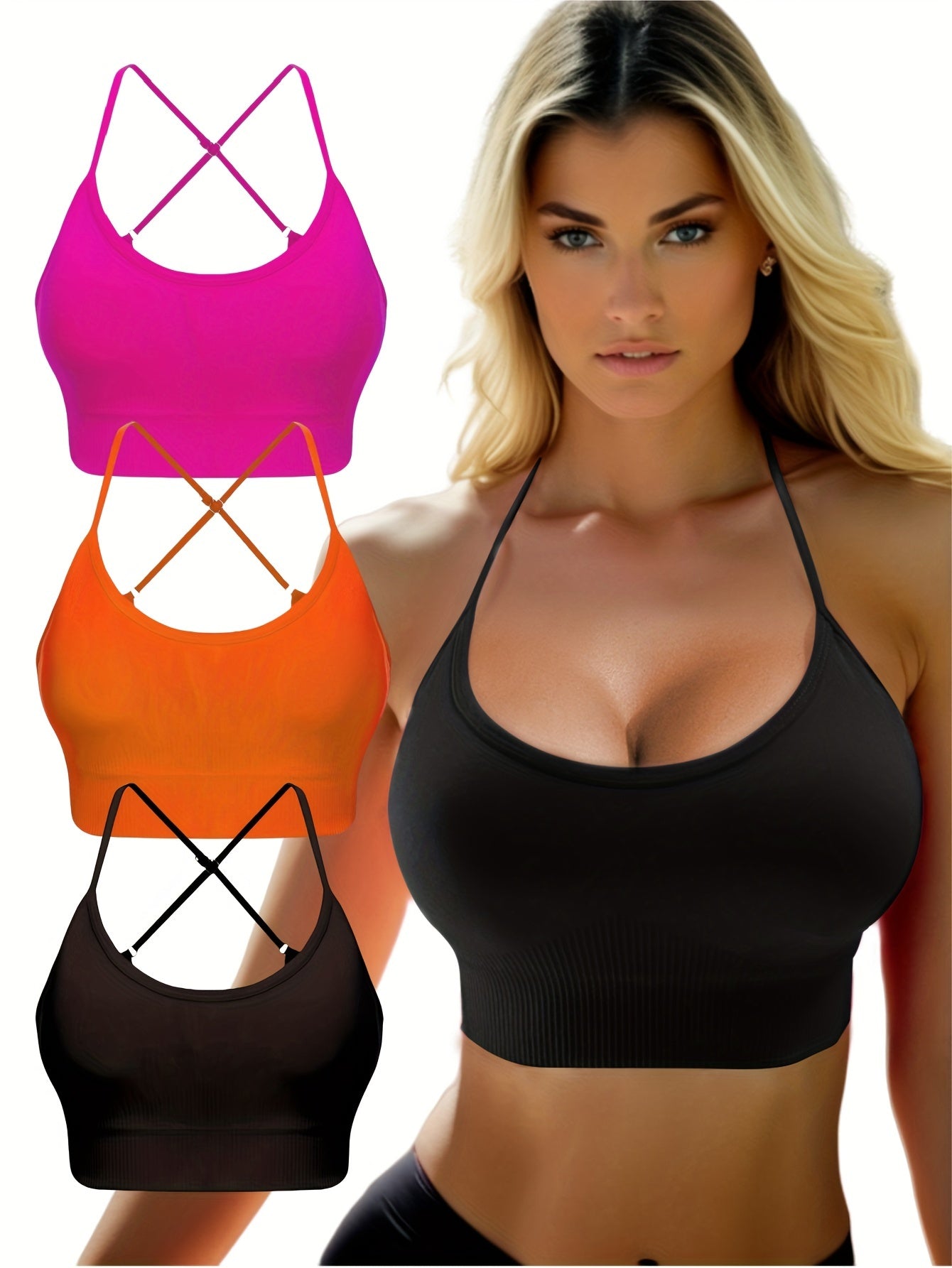3 pcs Breathable Criss Cross Sports Bra for Women - Sleeveless Yoga Crop Top with Adjustable Straps - Perfect for Fitness and Activewear