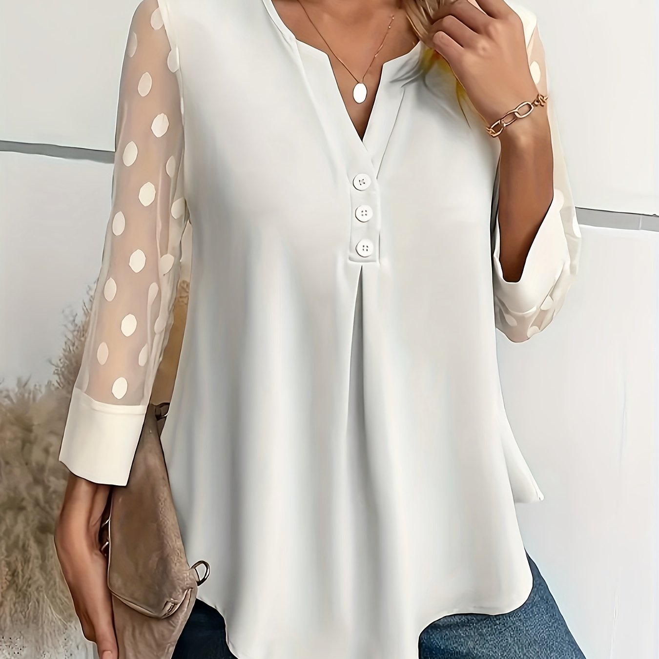Solid Button Front Blouse, Elegant Long Sleeve Notched Neck Top, Women's Clothing