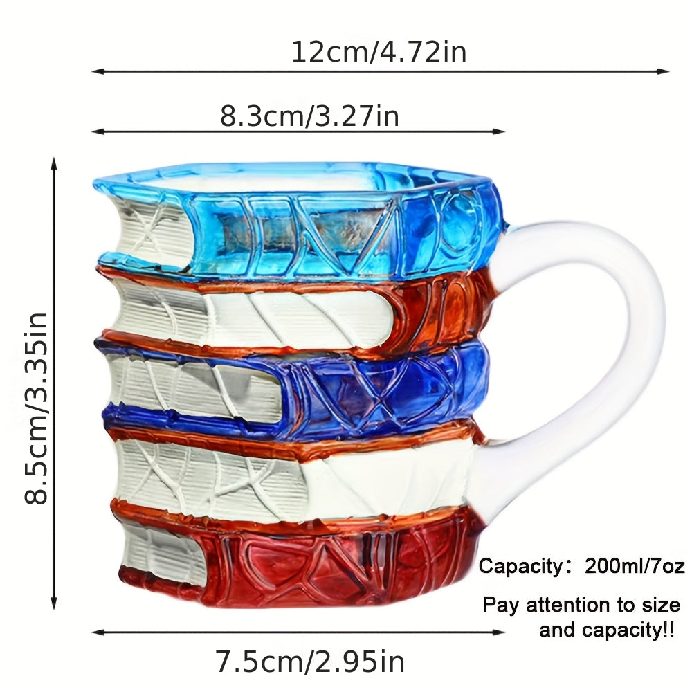 1pc Hand-Painted Book Stack Design Coffee Mug - 7/12oz Stackable Glass Cup with Vibrant Blue, Orange, Red & Yellow Stained Glass Art, Reusable Novelty Gift for Book Lovers, Librarians, Women'S Book Clubs & Literature Enthusia