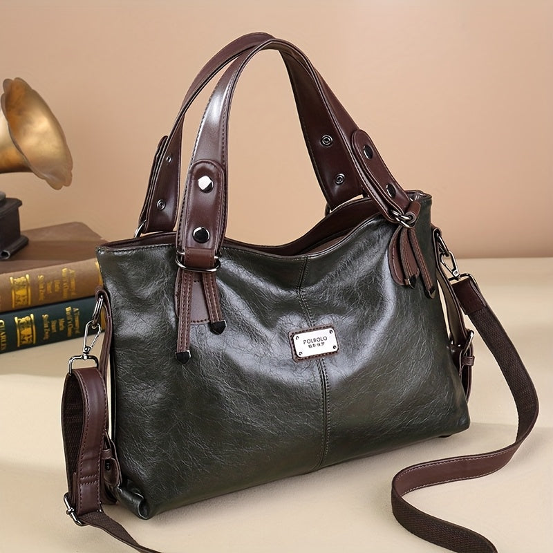 Women'S Vintage Handbag with Adjustable Shoulder Strap, Multiple Pockets & Soft Oil Edge Detail - Burgundy Polyester Lining, Zipper Closure, Elegant Accessory for Mother'S Day Gifts, Elegant Handbag | Vintage Tote Design | So