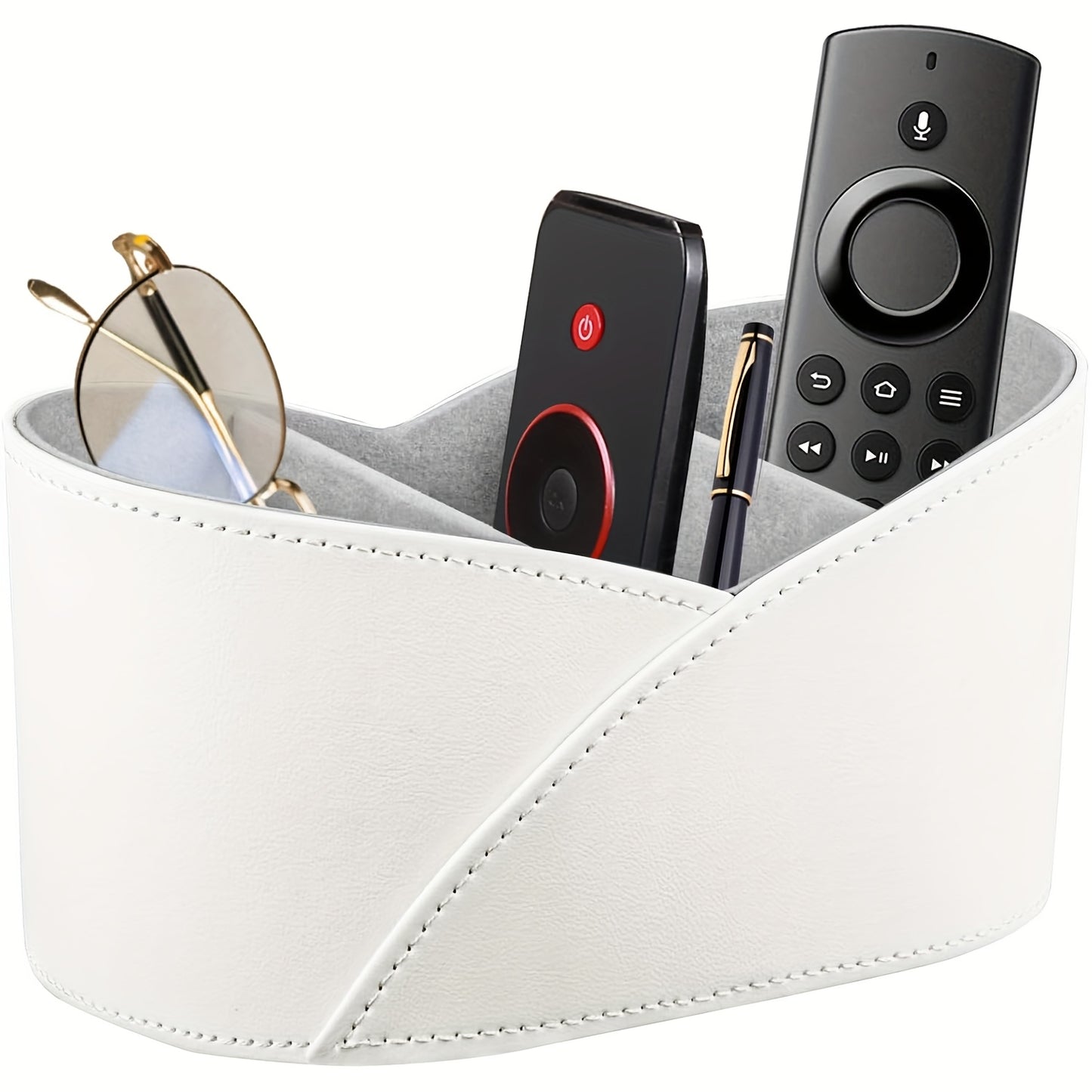 PU Leather Open Storage Box with 3 Compartments, Desktop Remote Control Holder/Makeup Organizer/Versatile Gray Storage Basket for Home Appliance Controllers, Cosmetics, Art Supplies, Stationery, Glasses, Office Supplies and A