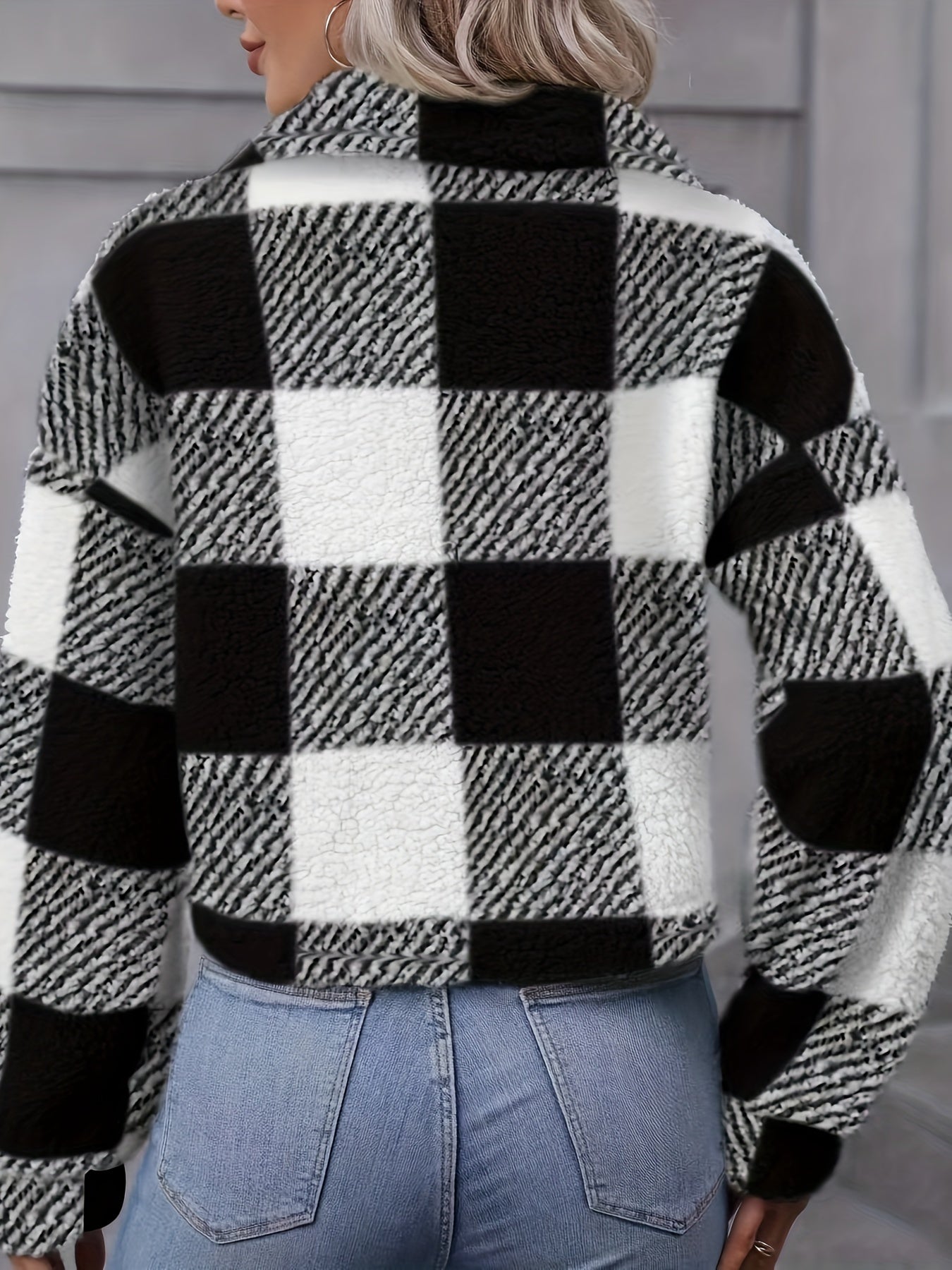 Plaid Teddy Coat, Casual Button Front Long Sleeve Winter Warm Outerwear, Women's Clothing