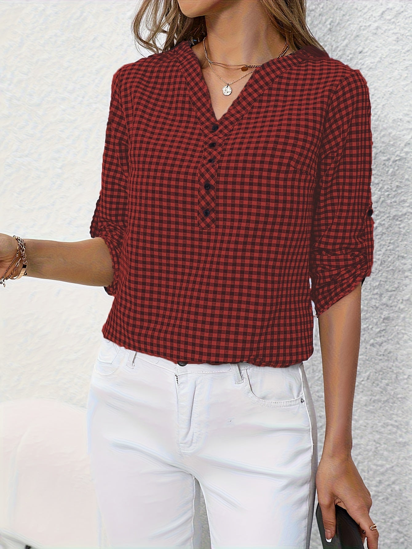 Plaid Print Button Notched Neck Blouse, Casual Rolled Sleeve Blouse For Spring, Women's Clothing