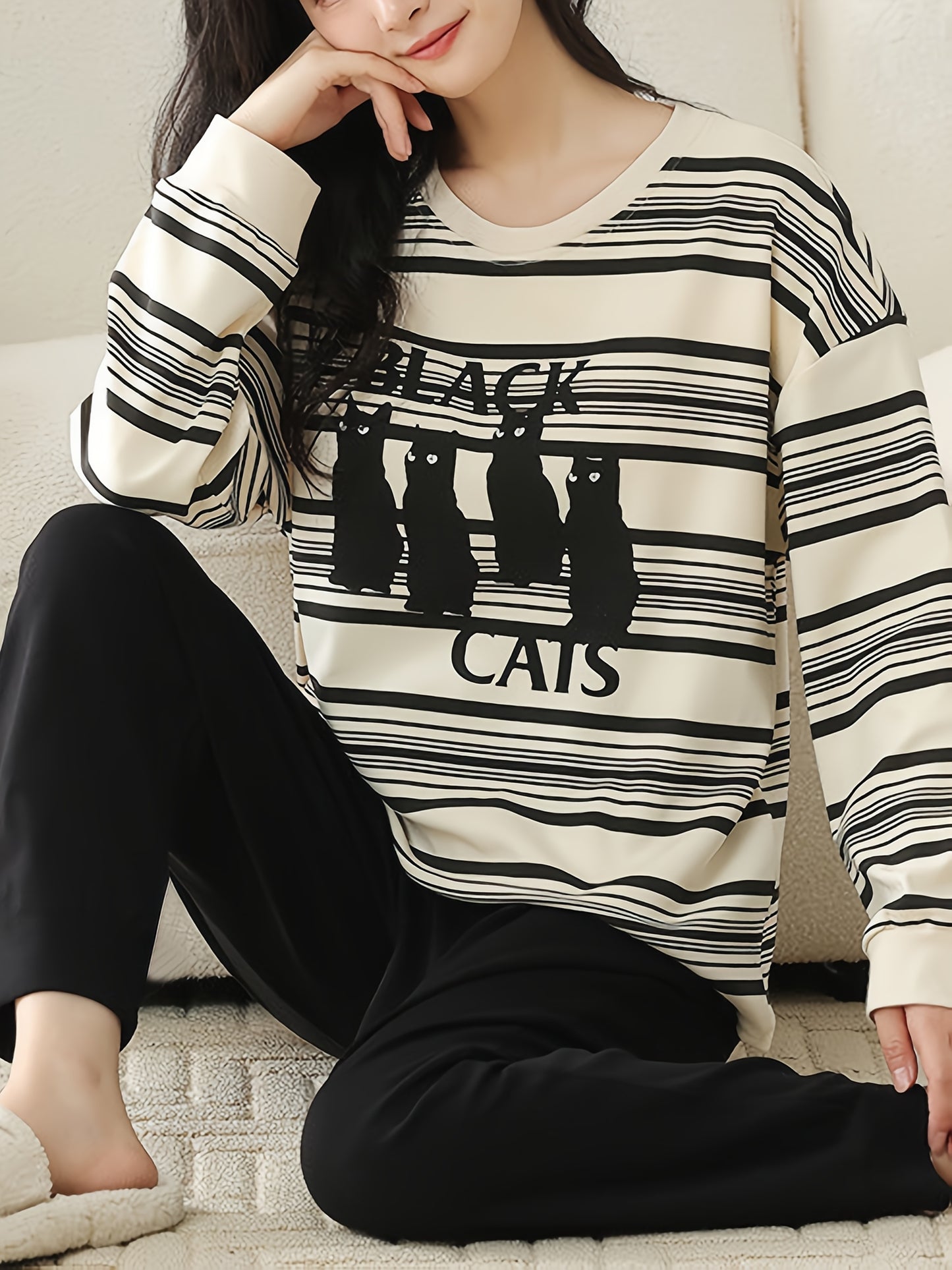 Women's Black and White Striped Cat Print Casual Pajama Set - Elastic Waist Pants with Round Neck Long Sleeve Top, Machine Washable, Perfect Seasonal Sleepwear, Loose Fit | Whimsical Pattern T-Shirt | Polyester Blend Fabric,