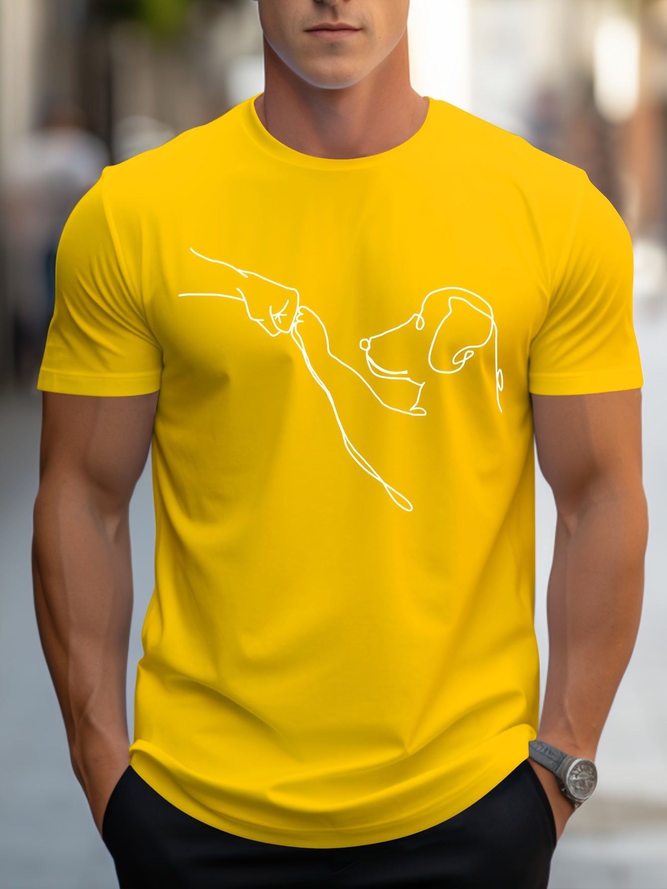 MBDMBD Men's Minimalist Dog Line Art Graphic T-Shirt - Vibrant Yellow with Black dog outline, Lightweight Summer Casual Everyday Tee for Pet Lovers - Machine Washable Apparel, Dog Tshirt, Classic Round Neck, Comfortable Fit