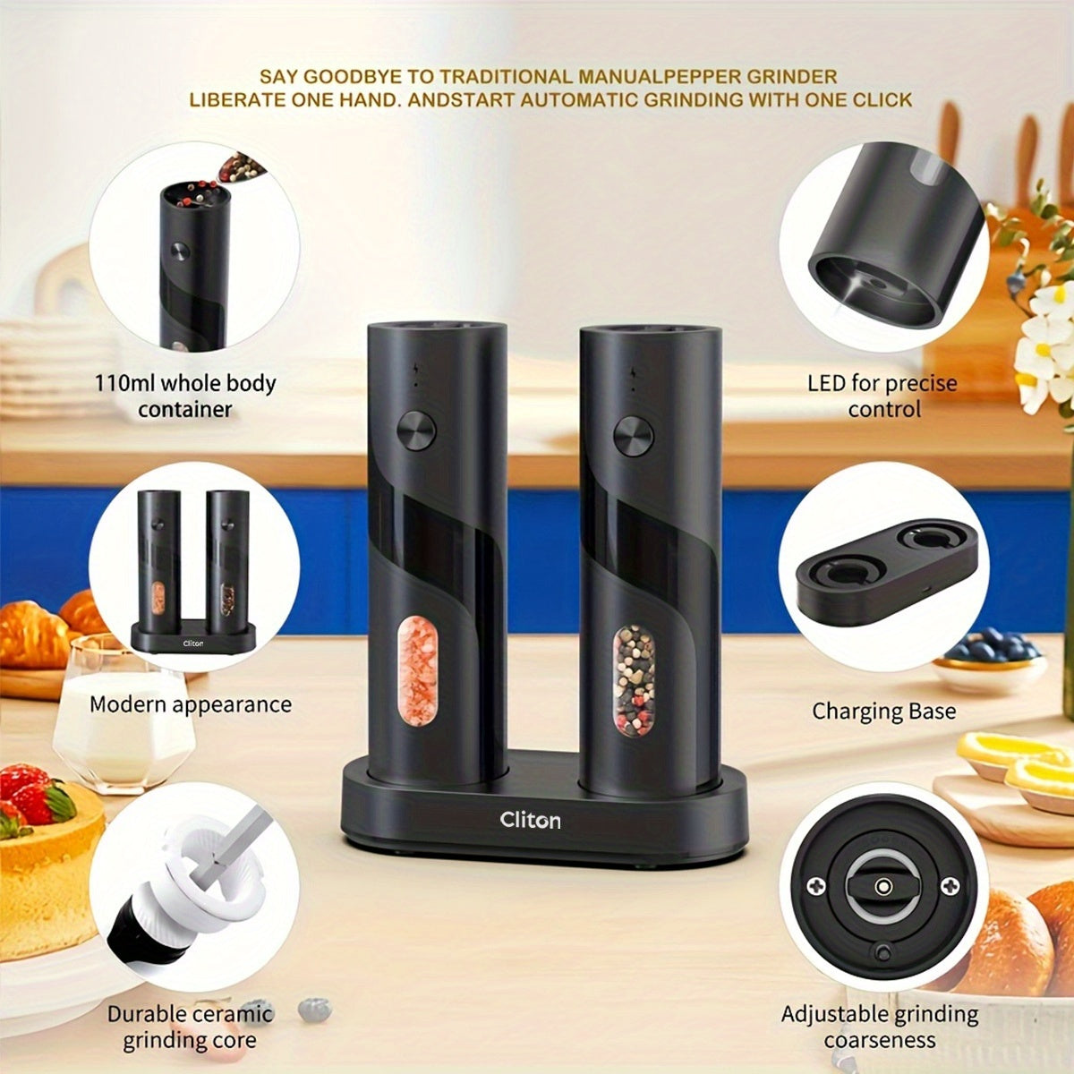 1pc or 2pcs Rechargeable Electric Salt & Pepper Grinder with LED Light - Automatic Salt & Pepper Mills, USB Charging, Adjustable Coarseness, 110ml Large Capacity, Ideal for Kitchen & Dining Use, Kitchen Spice Mill | Modern Ki