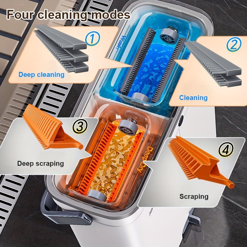 JOYBOS Advanced Lazy Mop Kit - Hand-Free Flat Mop with Scraper Bucket, Stainless Steel & Durable ABS Construction, 2 Washable Microfiber Pads for Living Room, Bathroom, Kitchen, Patio, Vinyl Wood & Tile Floors, No Electricity