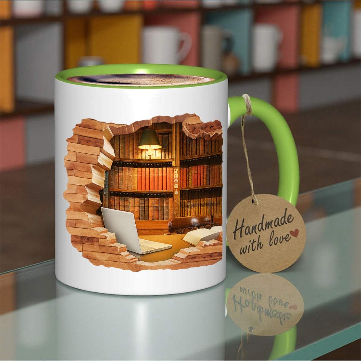 1pc 11oz 3D Magic Color-Changing Book-Themed Ceramic Mug - Reusable Coffee & Tea Cup with Bookshelf & Open Book Design, uthor Logo Slot, Hand Wash Only - Gift for Readers, Writers, Librarians (Birthday/Christmas/Halloween), C