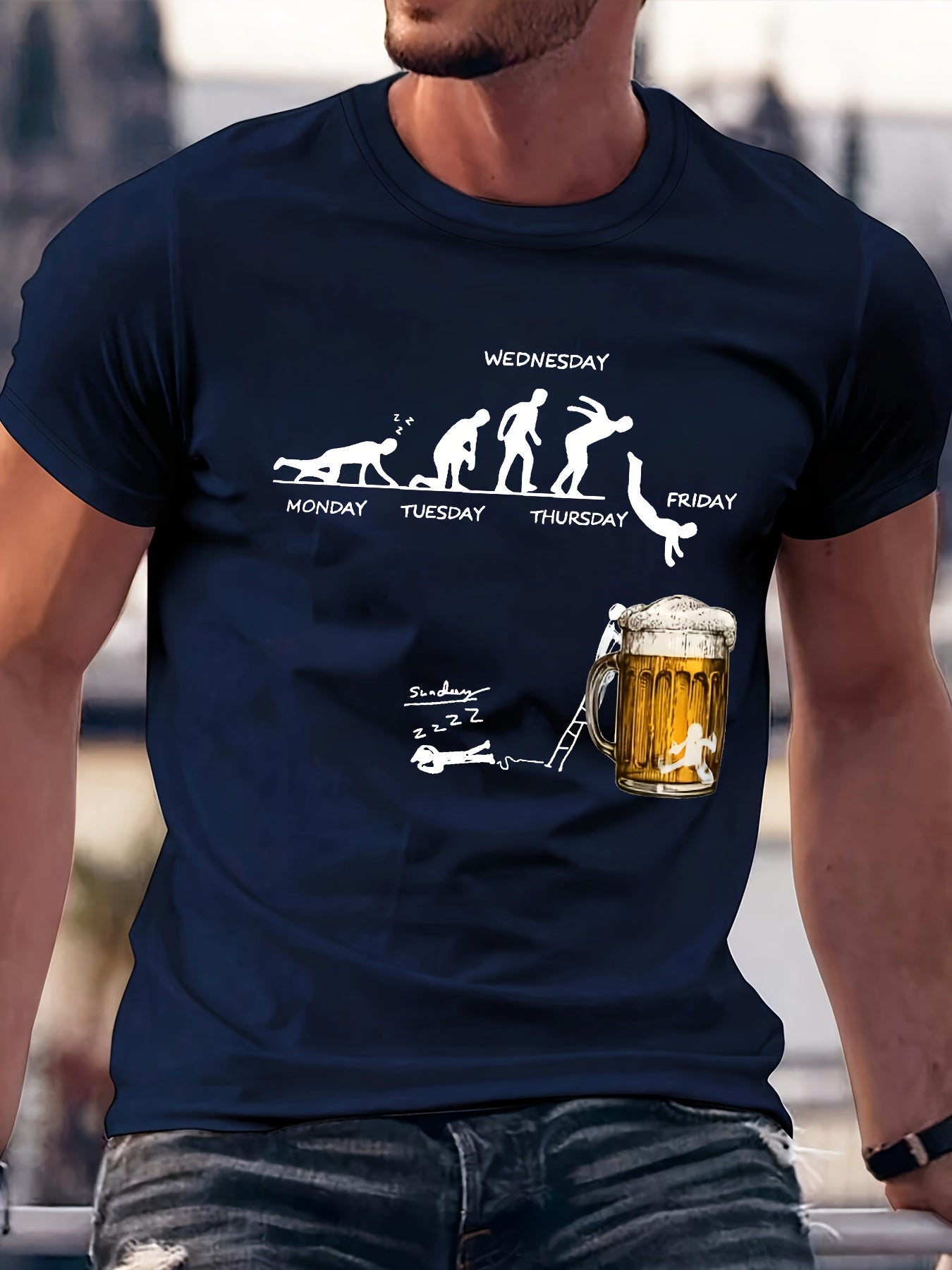 Men'S 100% Cotton Graphic T-Shirt - "Wednesday" Beer Mug Design, Casual Crew Neck, Short Sleeve, Regular Fit, 210g/㎡, Perfect for Barbecues & Parties, Party Tshirt | Playful Design | Durable Fabri