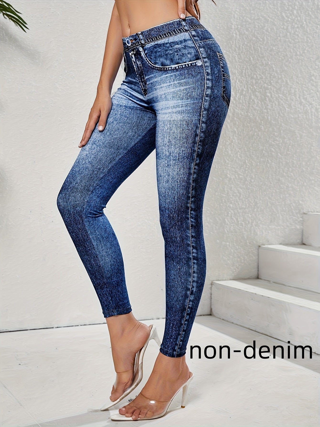 【imitation denim】New Women'S Fashion Casual Trendy Comfortable Breathable High-Waisted Stretchy Blue Faux Denim-Like Printed Leggings for Daily Commuting, Enhancing The Hips And Waist, Women'S Base Layer Pants, Fitted Leg