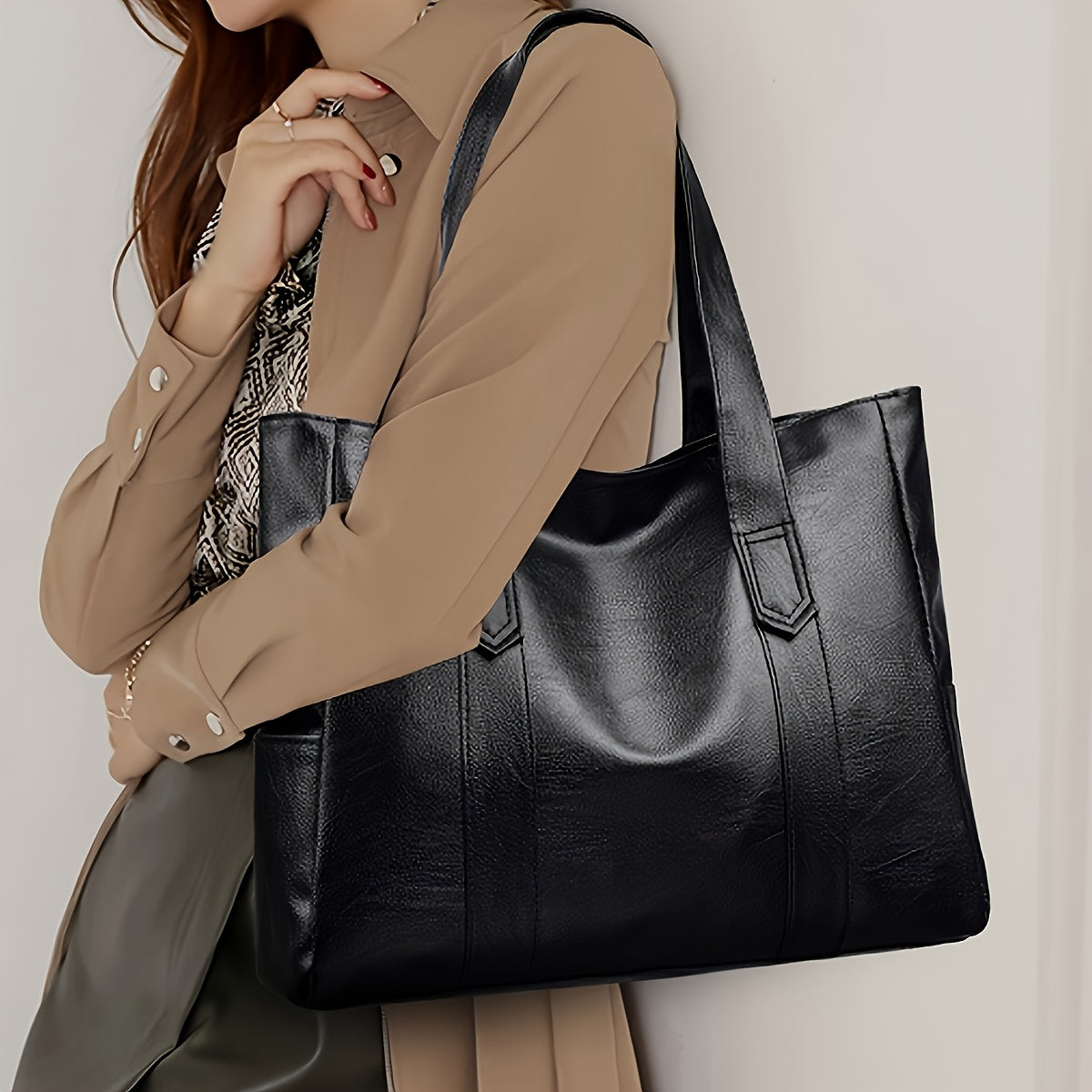 1pc Elegant Women's Shoulder Tote Bag - Large Capacity Durable PU with Zipper Closure, Double Handles & Polyester Lining, Deep Brown/Black - Perfect for Work,, Travel - Ideal Gift for Students & Professionals, Work Handbag, S